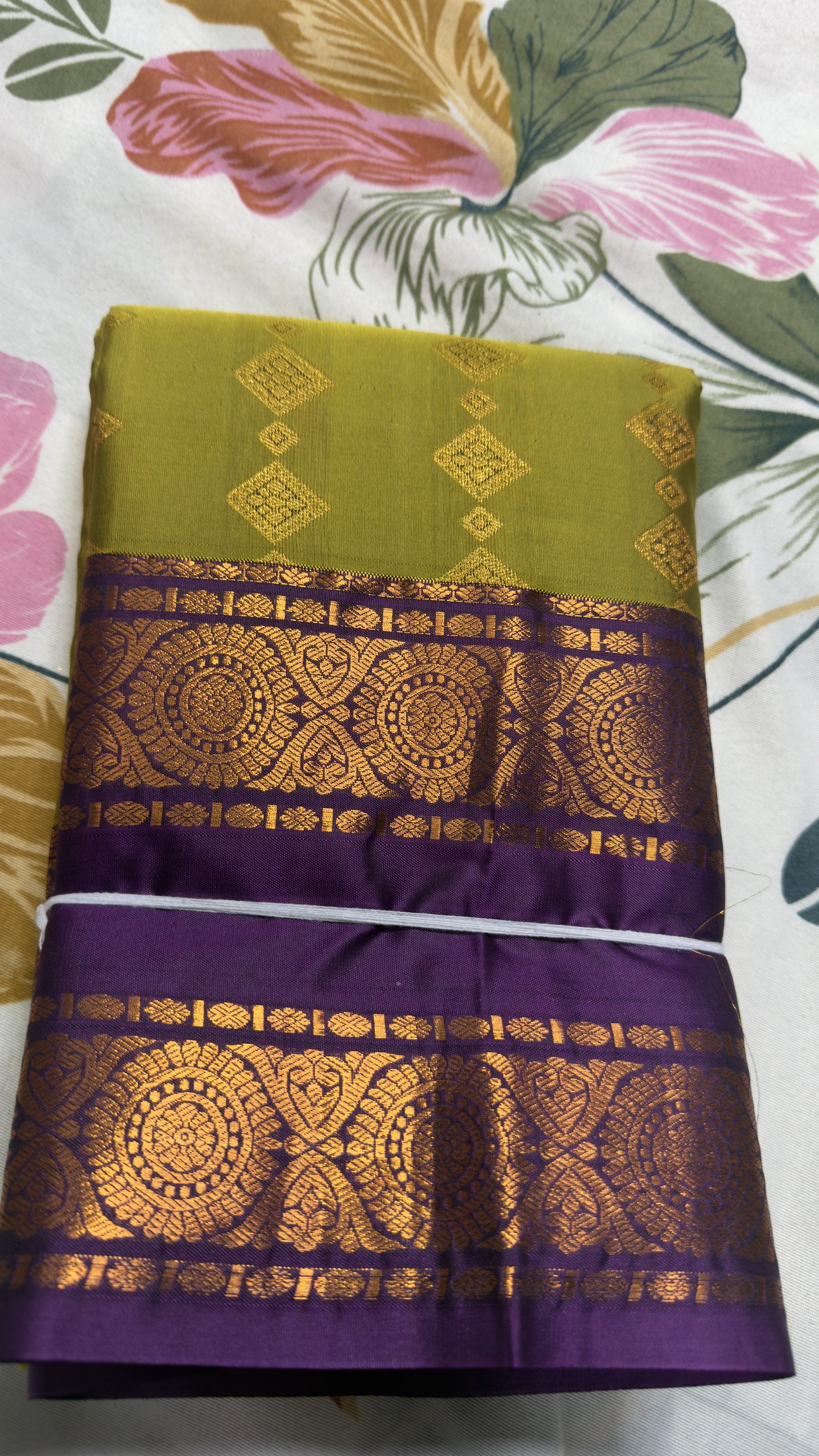 Olive Green & Royal Purple Antique Gold Medallion Zari Semi Kanchi Pattu Saree