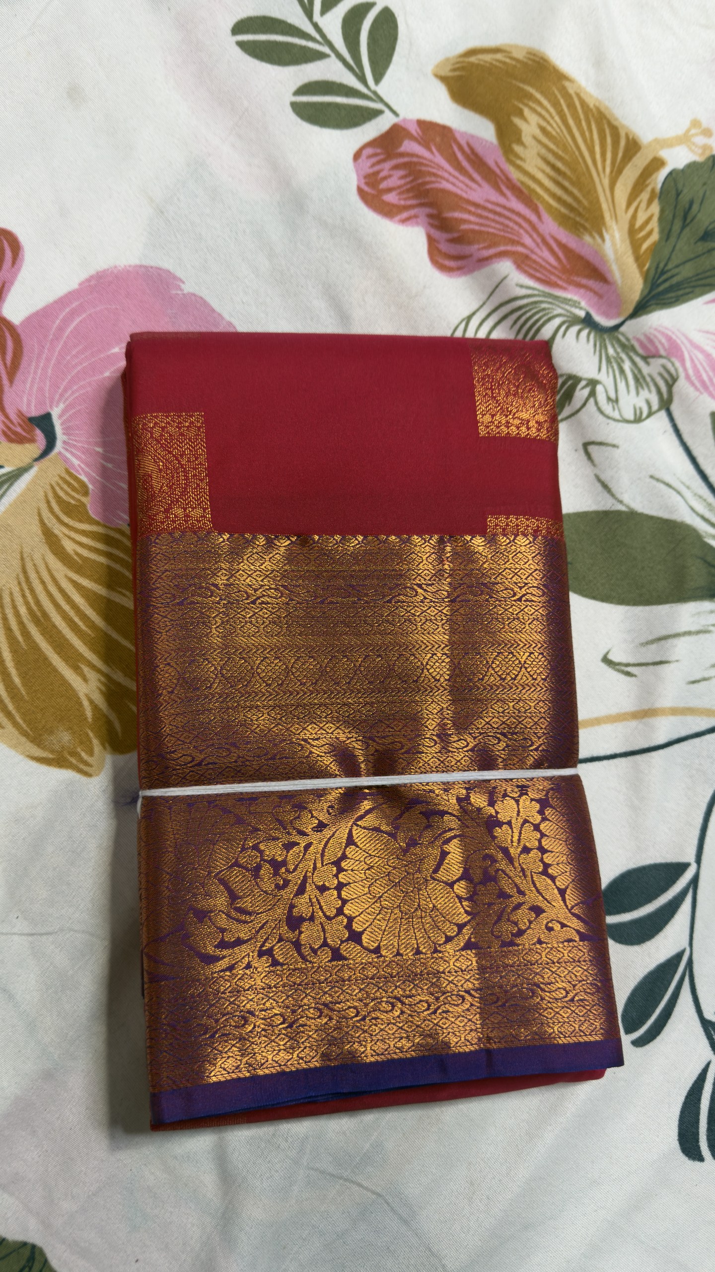 Ruby Red & Antique Gold Floral Brocade Semi Kanchi Pattu Saree