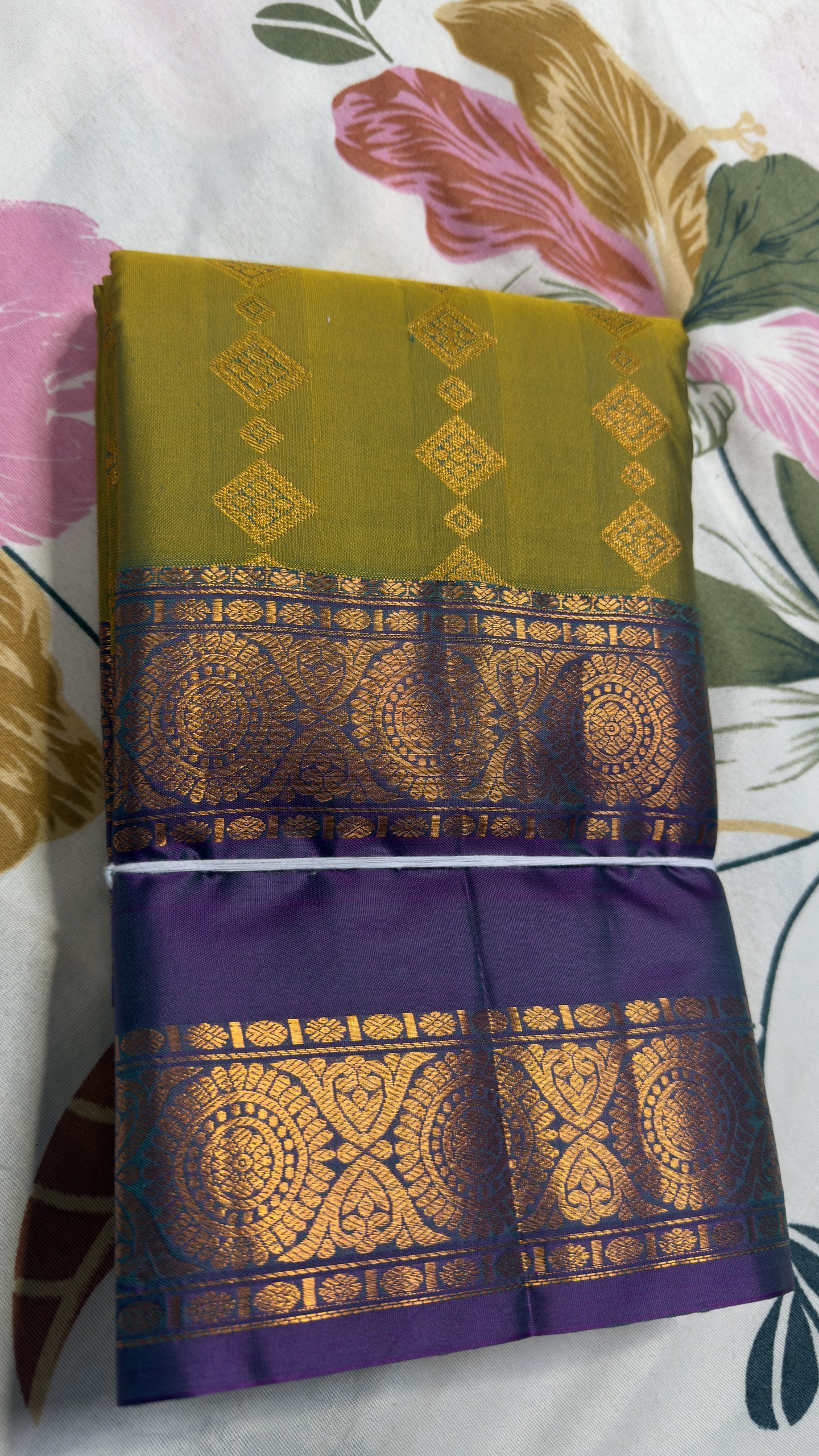 Olive Green & Royal Purple Temple Medallion Zari Semi Kanchi Pattu Saree