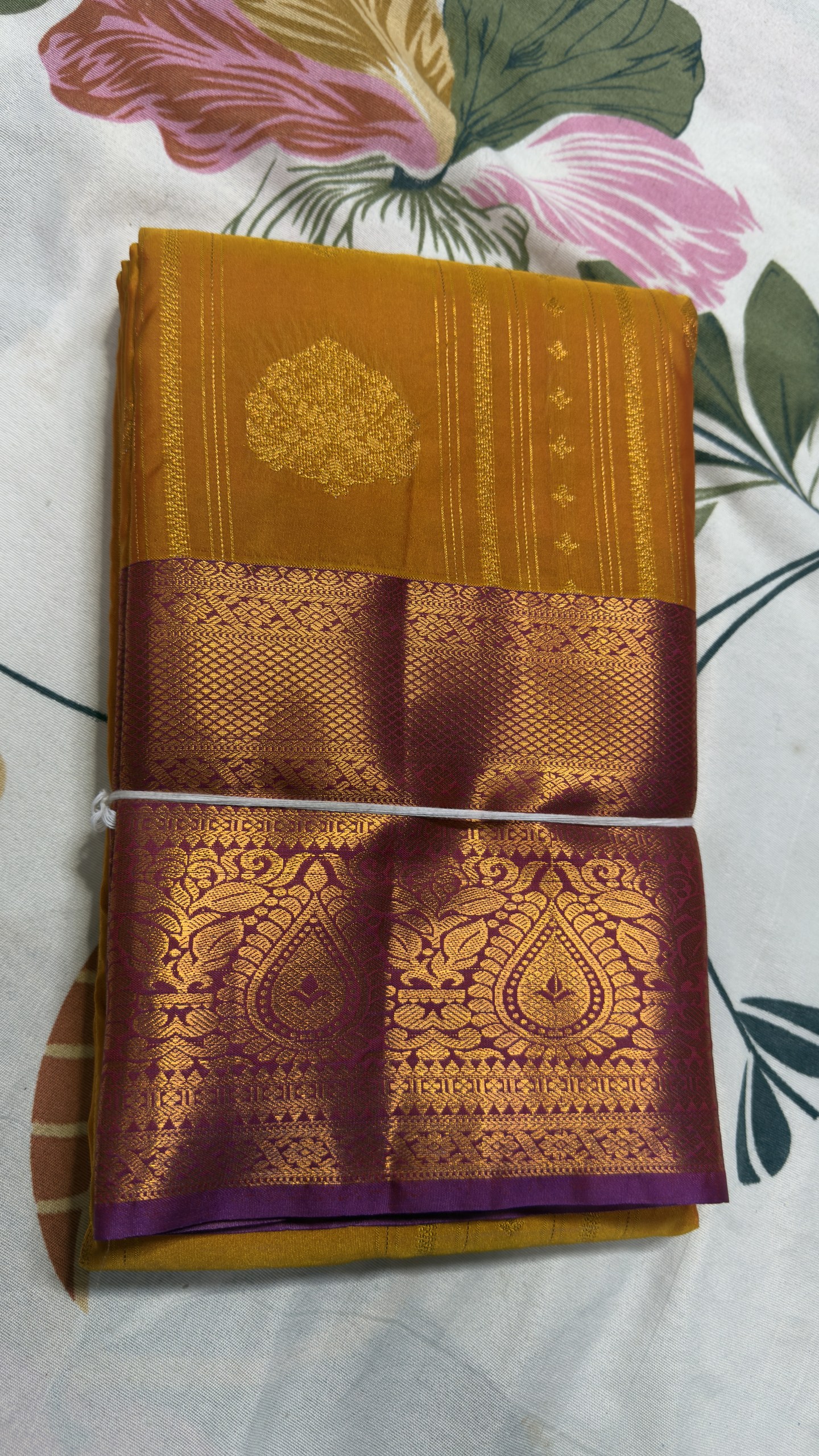 Mustard Gold & Wine Purple Paisley Zari Semi Kanchi Pattu Saree