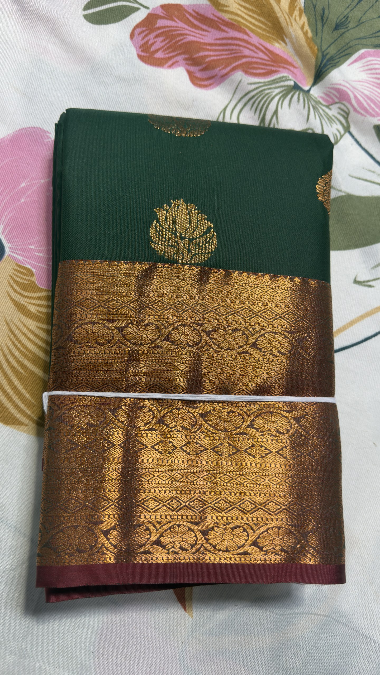 Forest Green & Antique Gold Floral Brocade Semi Kanchi Pattu Saree