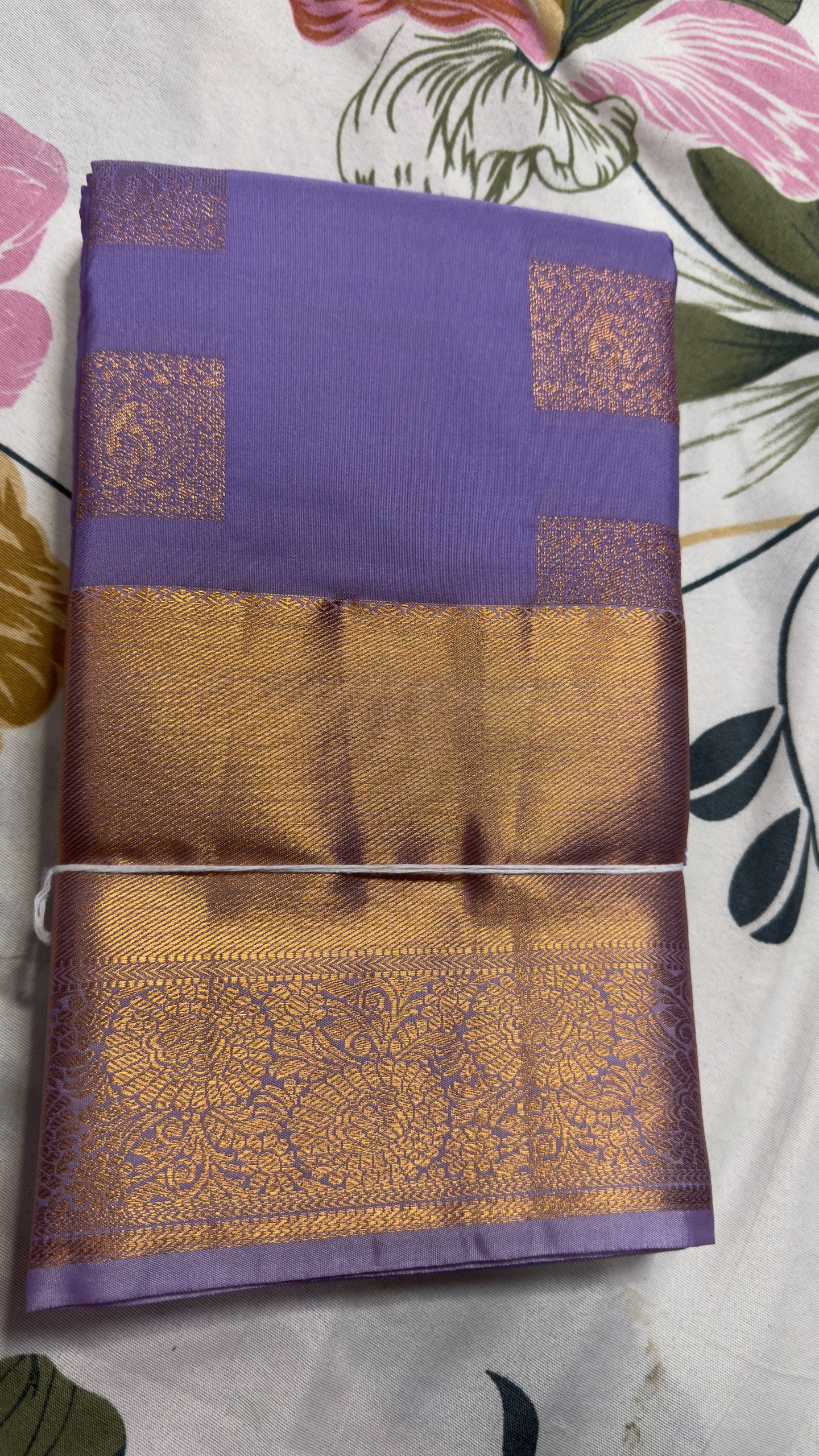 Lavender Purple & Antique Gold Floral Brocade Semi Kanchi Pattu Saree