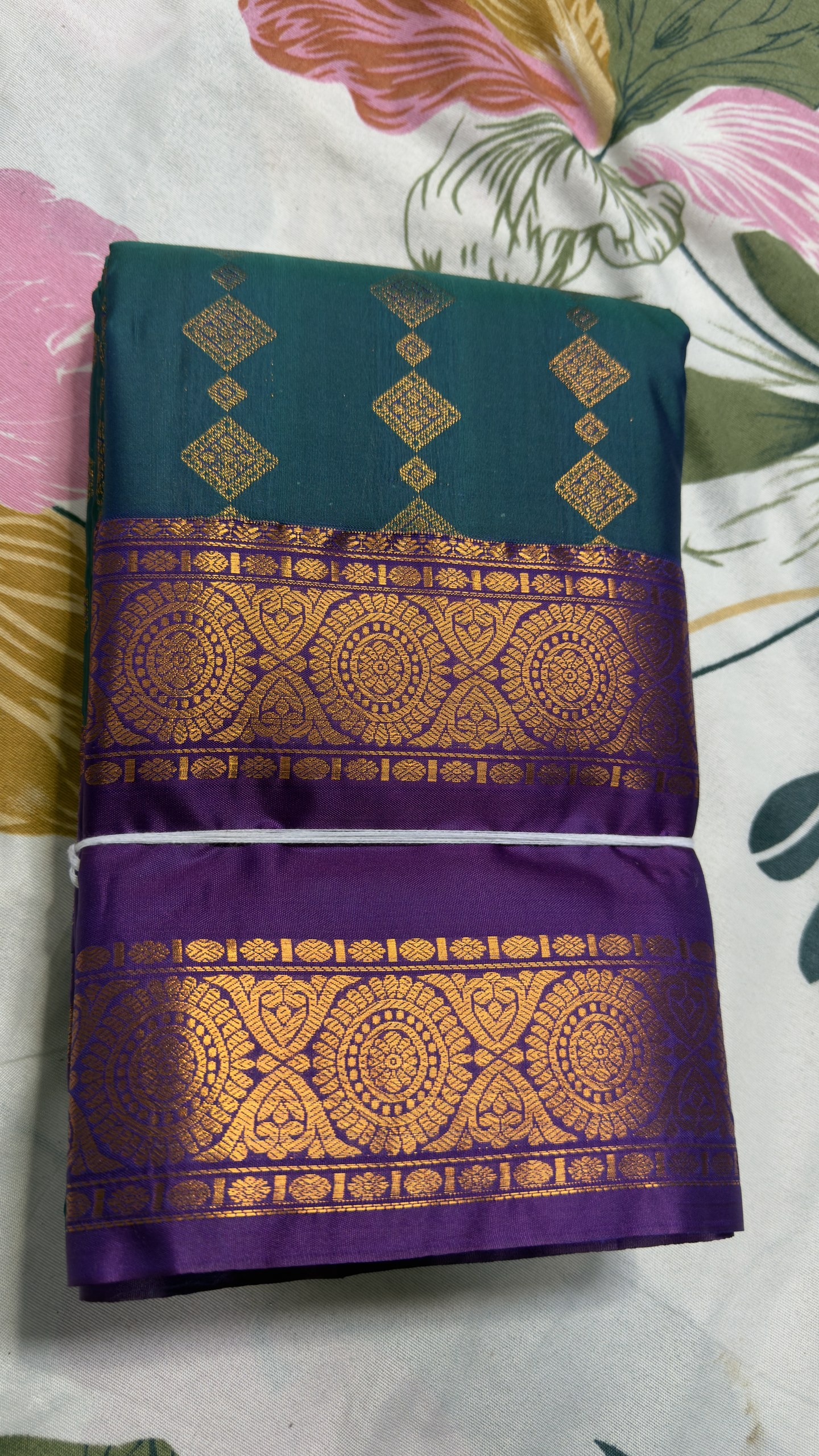 Peacock Teal & Royal Purple Circular Motif Zari Semi Kanchi Pattu Saree