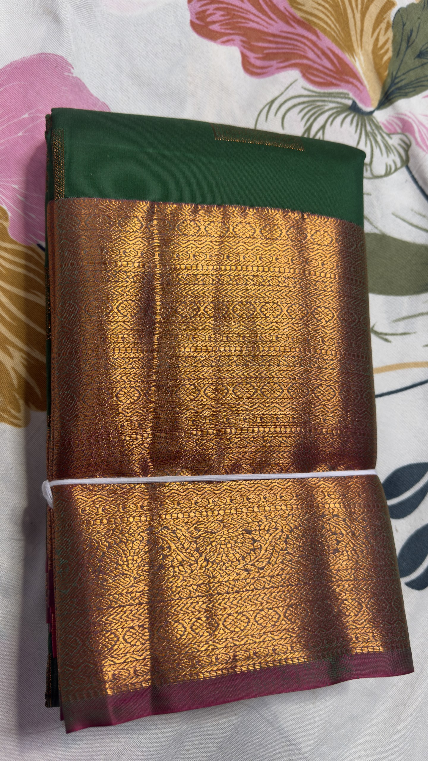 Bottle Green & Antique Gold Geometric Brocade Semi Kanchi Pattu Saree