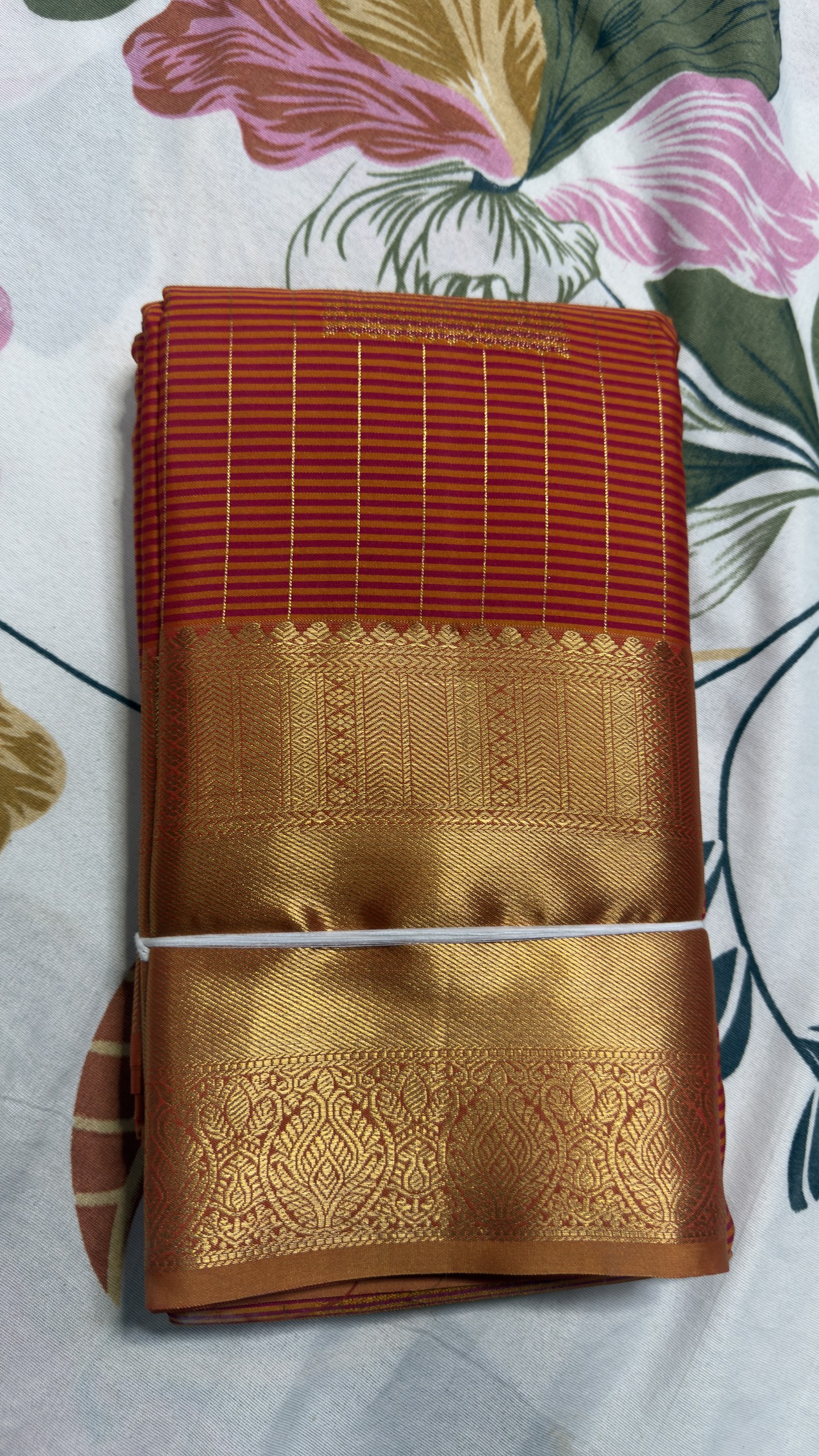 Wine Red & Mustard Gold Striped Zari Brocade Semi Kanchi Pattu Saree