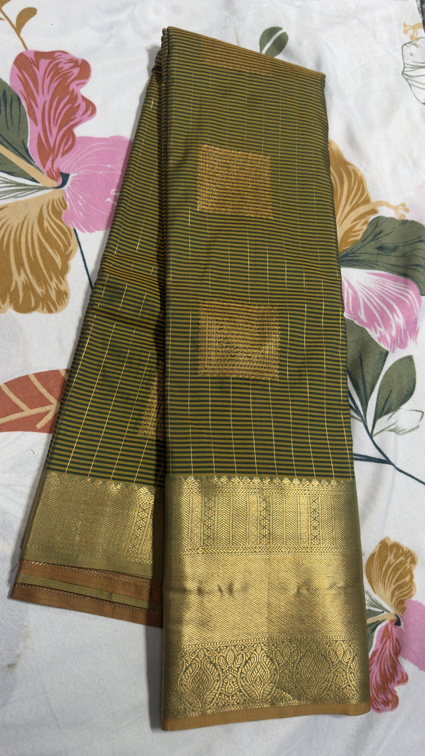 Olive Green & Antique Gold Fine Striped Zari Semi Kanchi Pattu Saree