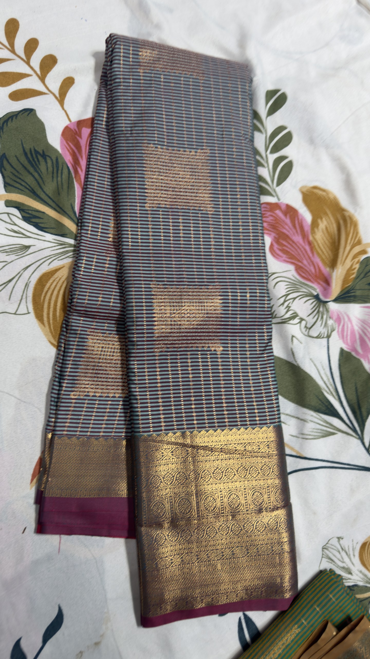 Teal Blue & Wine Antique Gold Temple Motif Semi Kanchi Pattu Saree