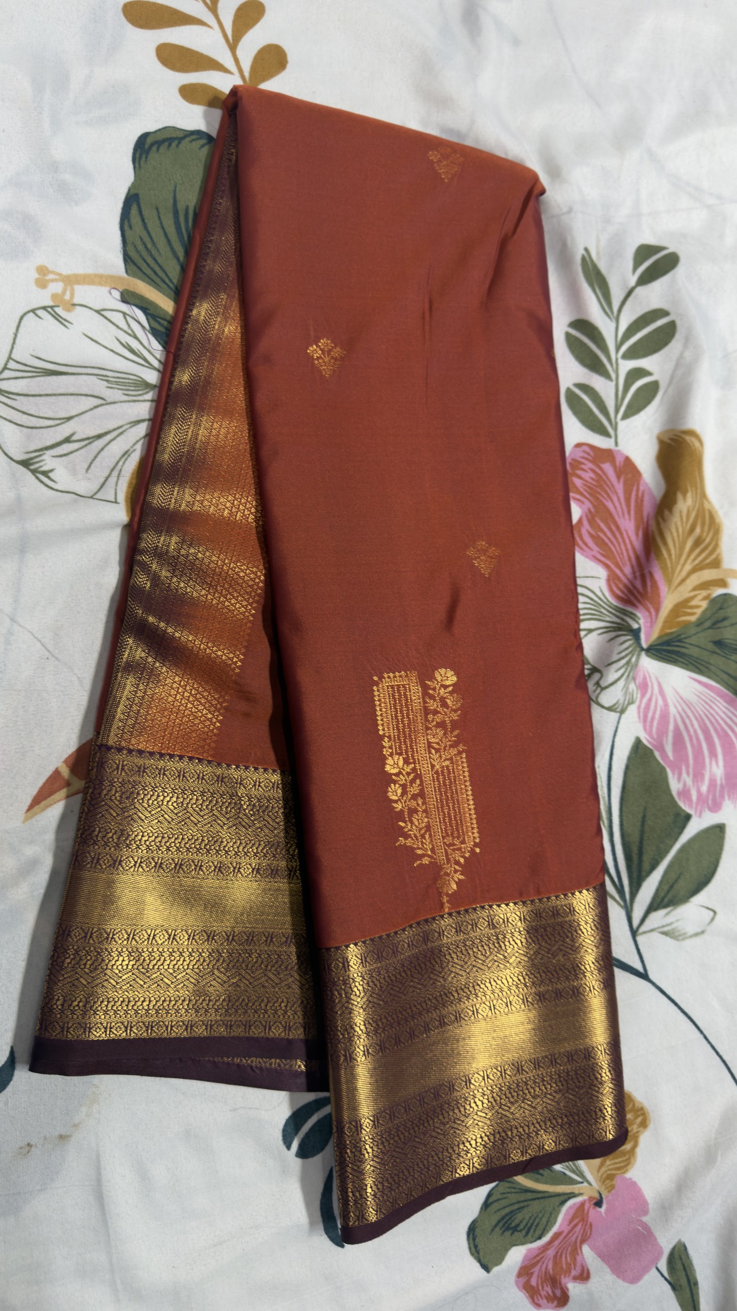 Terracotta Rust & Antique Gold Floral Butta Brocade Semi Kanchi Pattu Saree