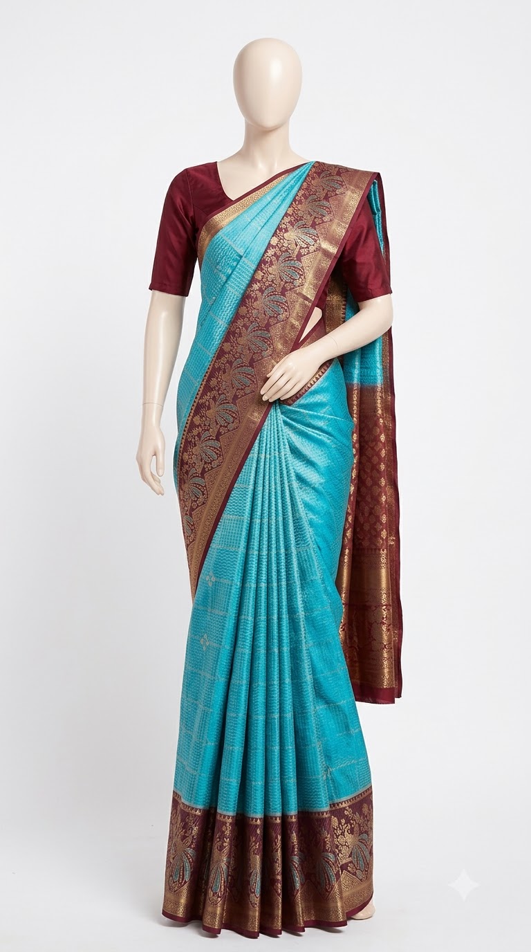 Turquoise Blue & Maroon Floral Zari Silk Saree