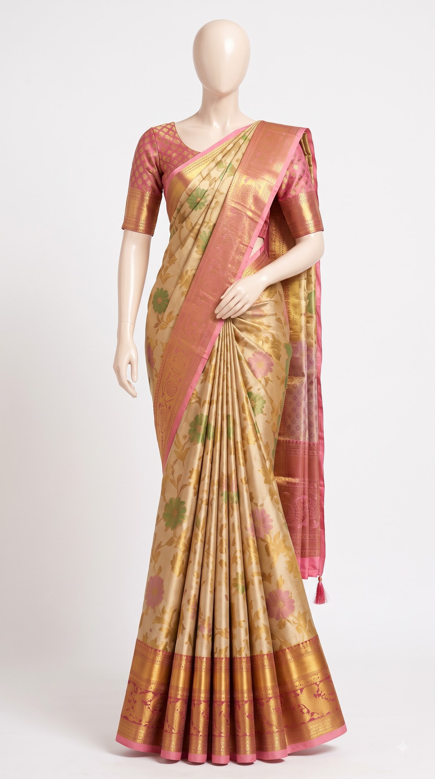Pure Kanjivaram Silk Saree – Antique Gold Lavender Floral