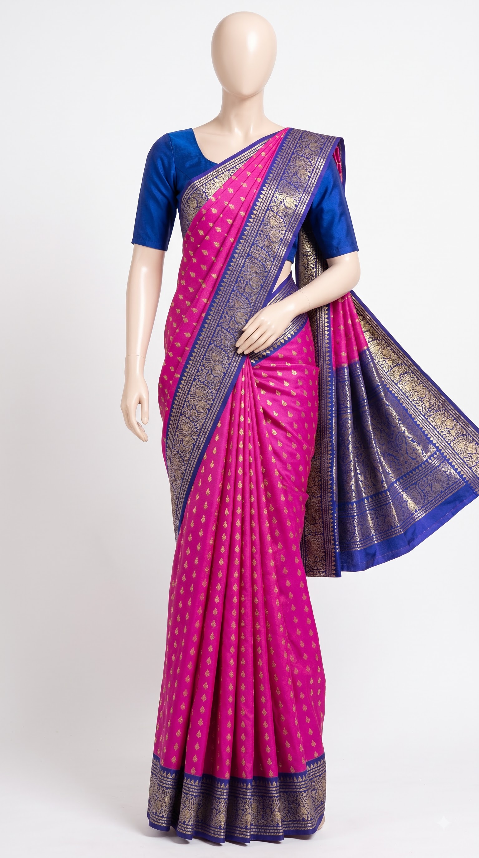Pure Kanjivaram Silk Saree – Magenta Royal Blue Leaf