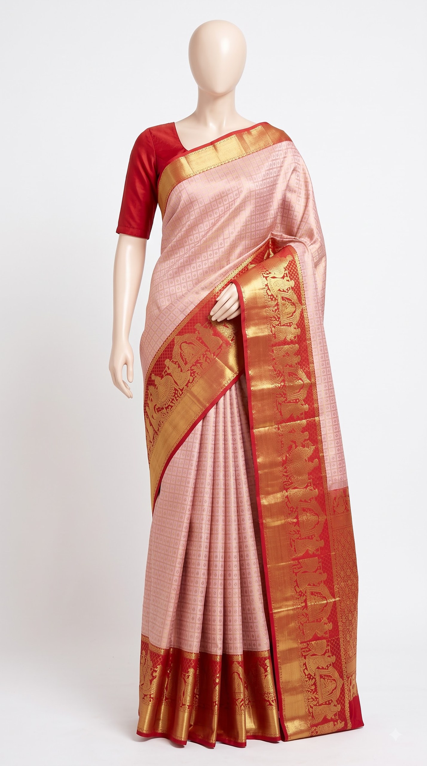 Pure Kanjivaram Silk Saree – Ivory Red Gold Temple Procession view 7 - Rangam Saradha Silks