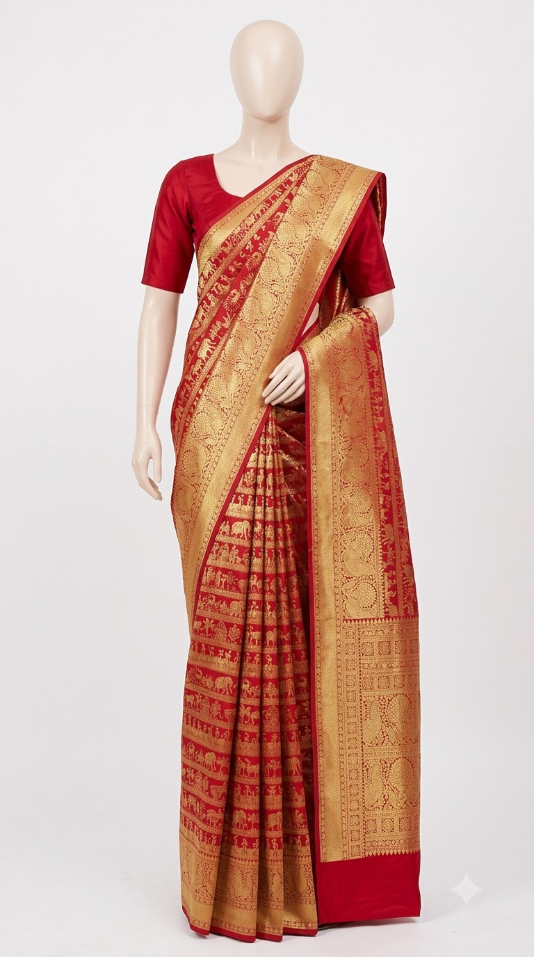 Kanjivaram Silk Saree – Red & Antique Gold