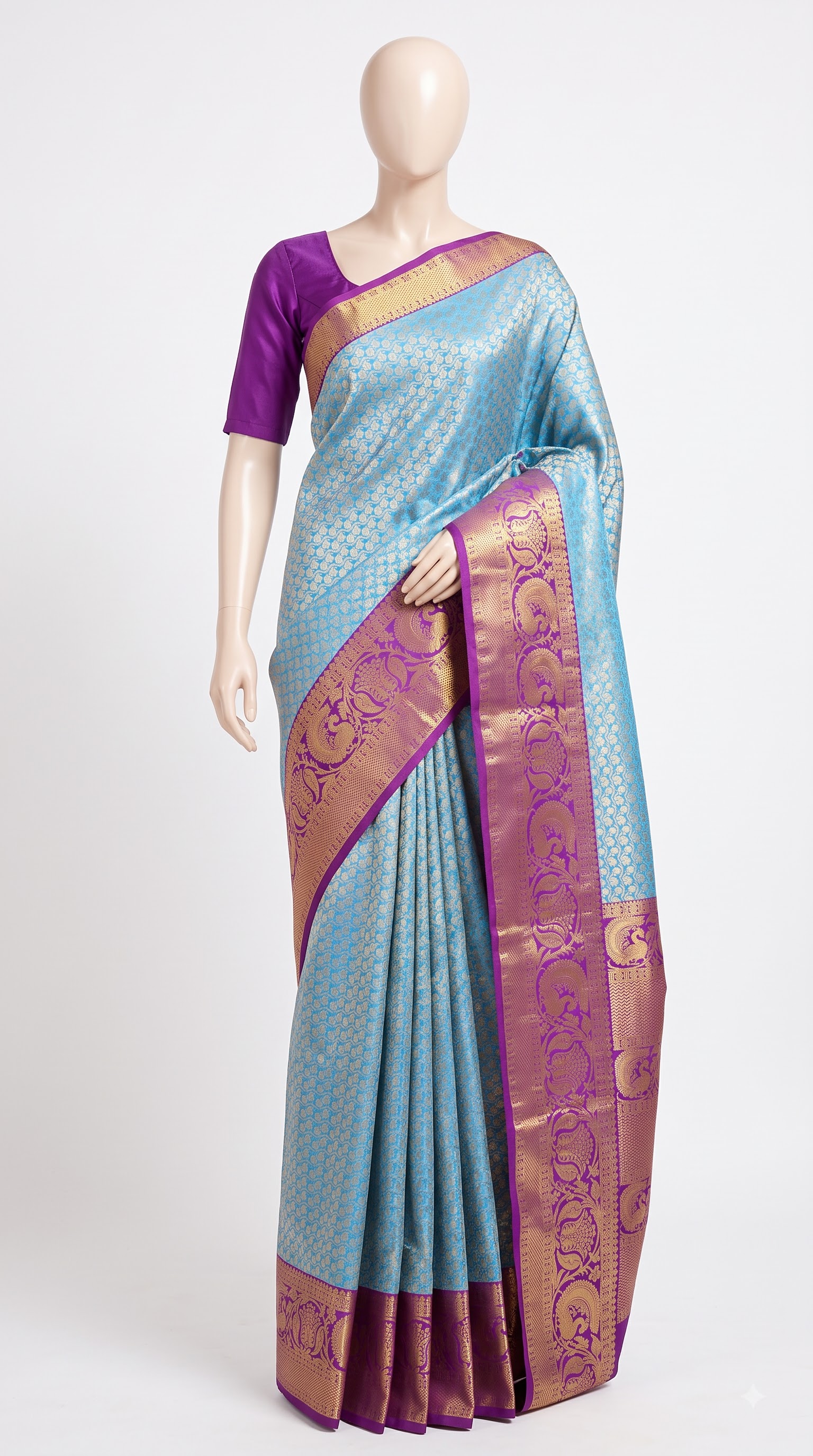 Pure Kanjivaram Silk Saree – Sky Blue Purple Peacock