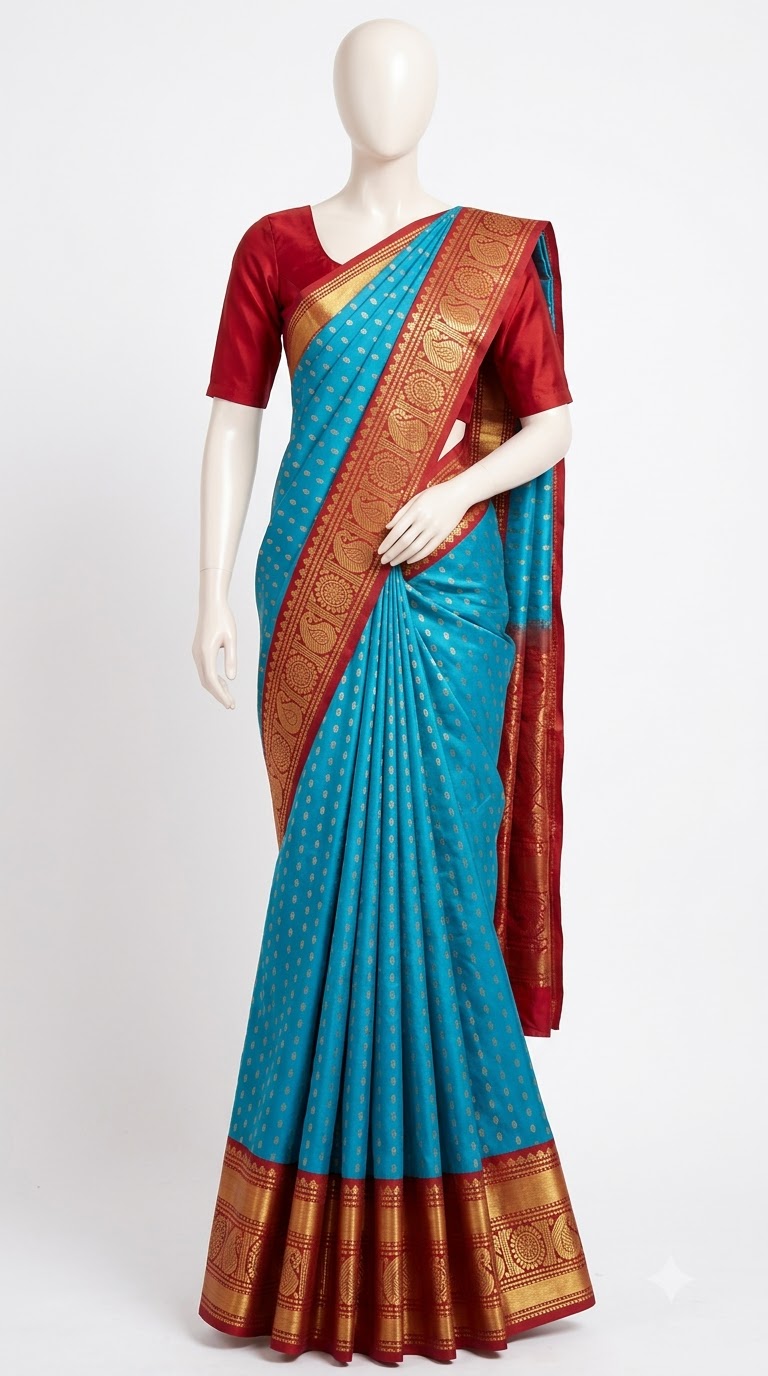 Traditional Blue Red Silk Saree – Golden Zari Border