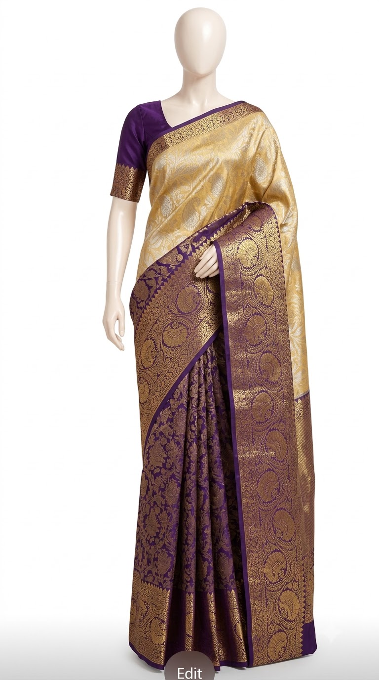 Kanjivaram Silk Saree – Gold Purple Paisley