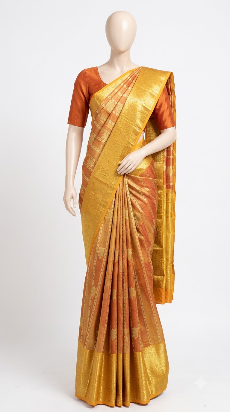 Kanjivaram Silk Saree – Rust Orange & Golden
