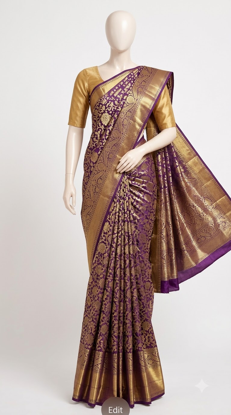 Kanjivaram Silk Saree – Purple & Antique Gold