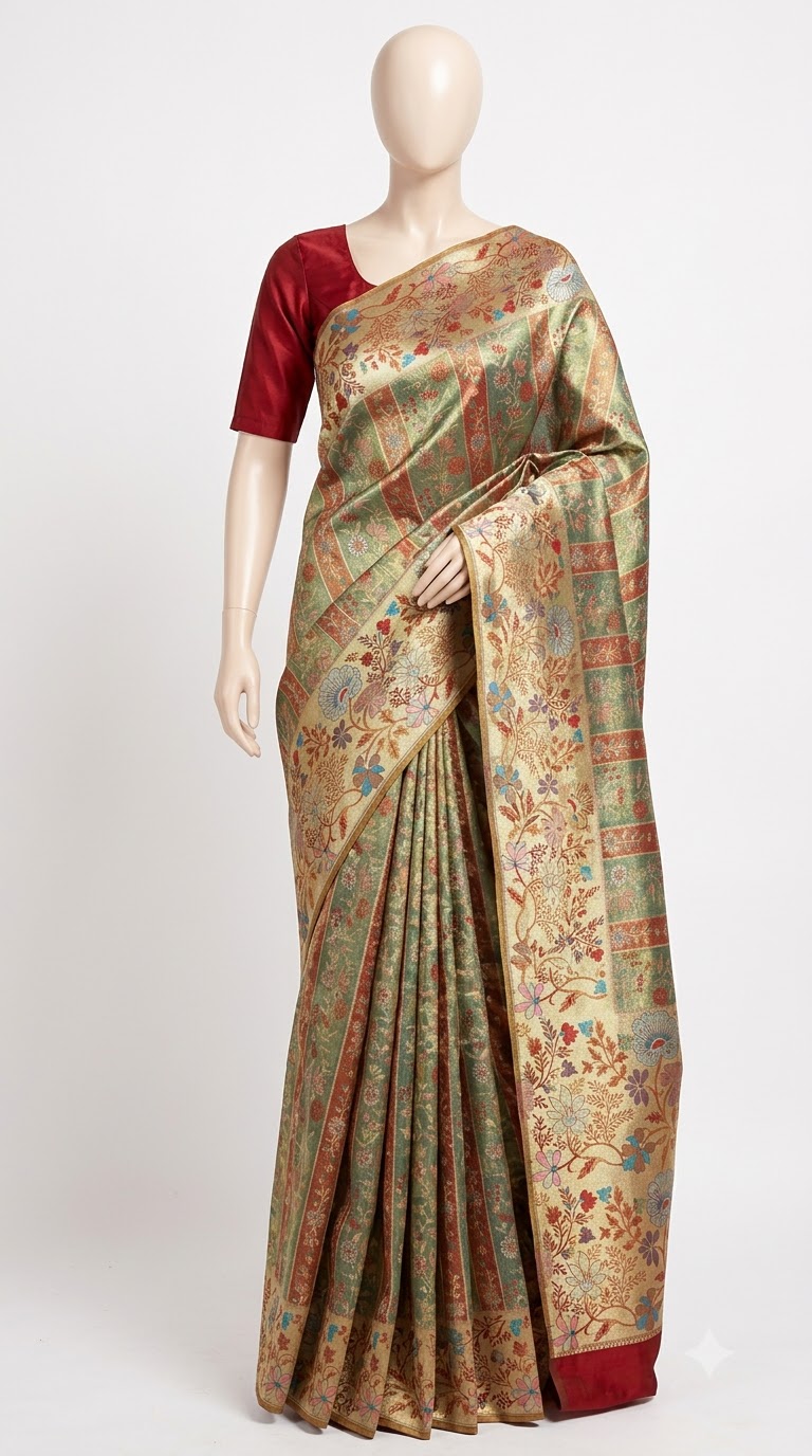 Kanjivaram Silk Saree – Sage Green & Maroon Floral