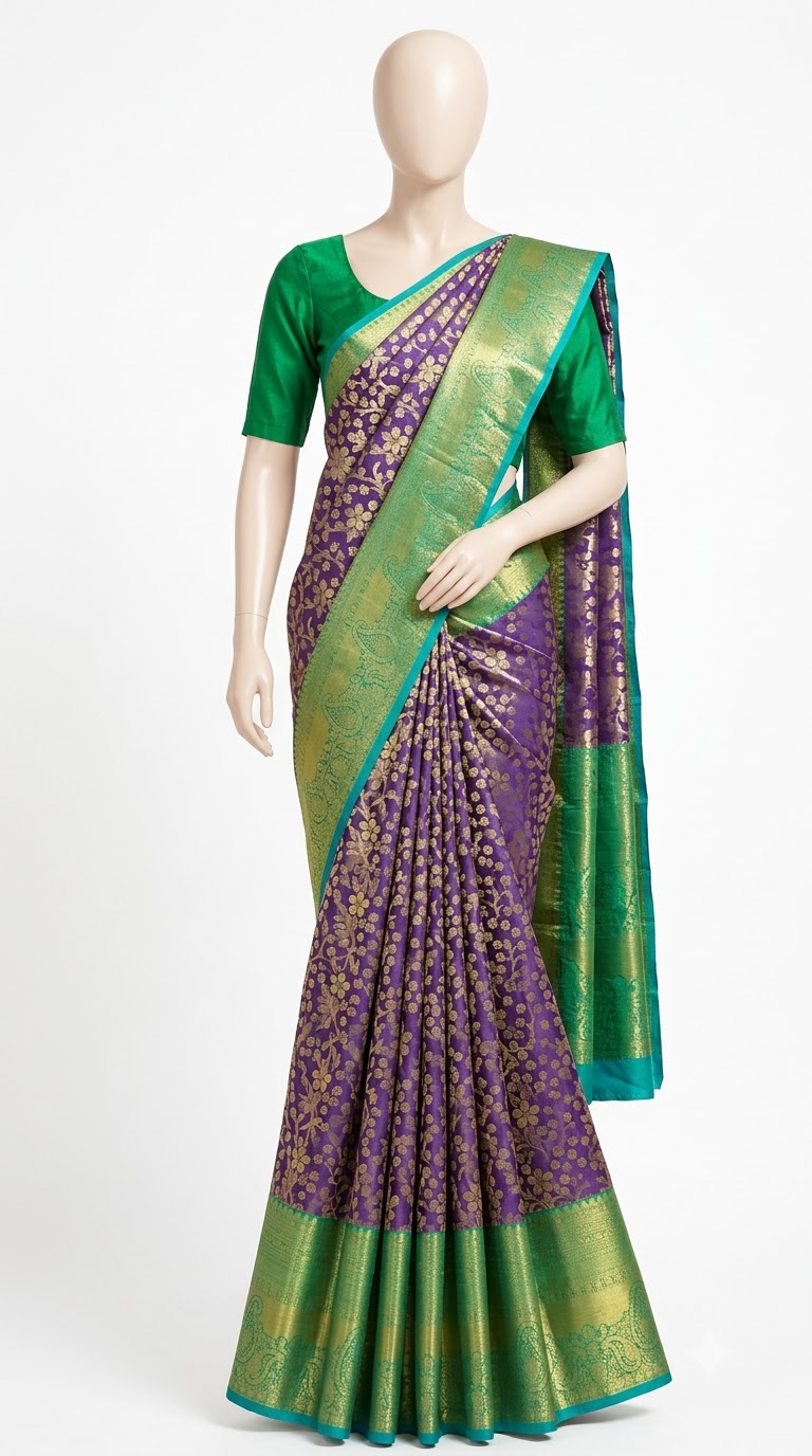 Purple & Green Floral Zari Silk Saree