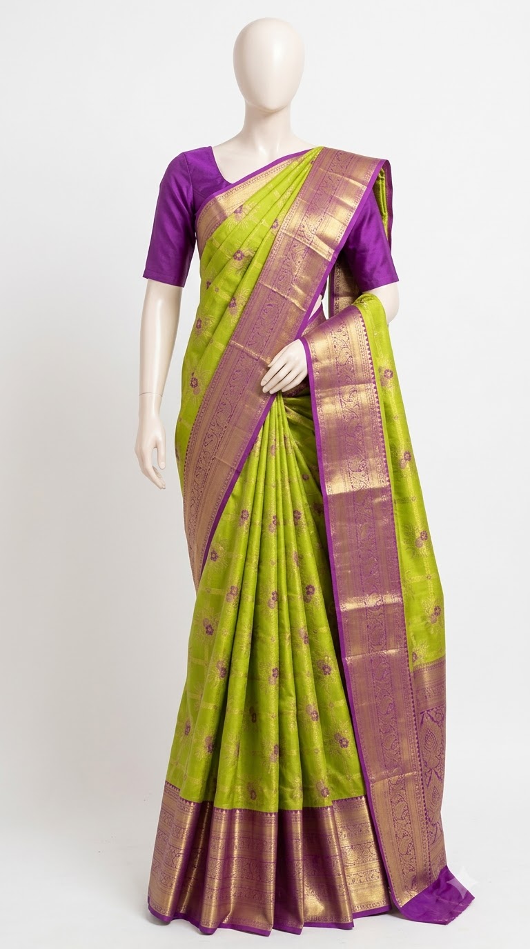 Pure Kanjivaram Silk Saree – Lime Green Purple Gold