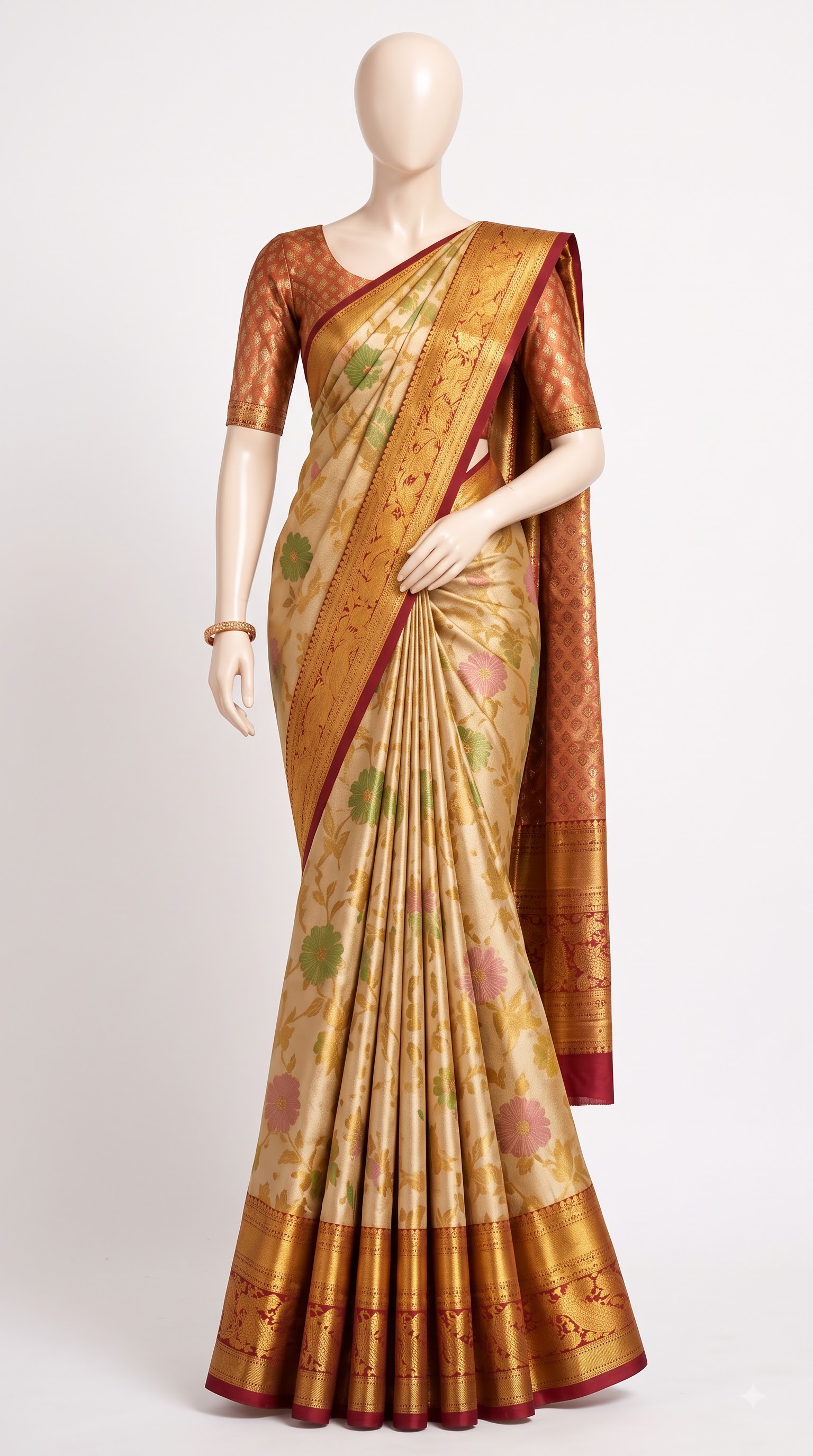 Pure Kanjivaram Silk Tissue Saree – Cream Gold