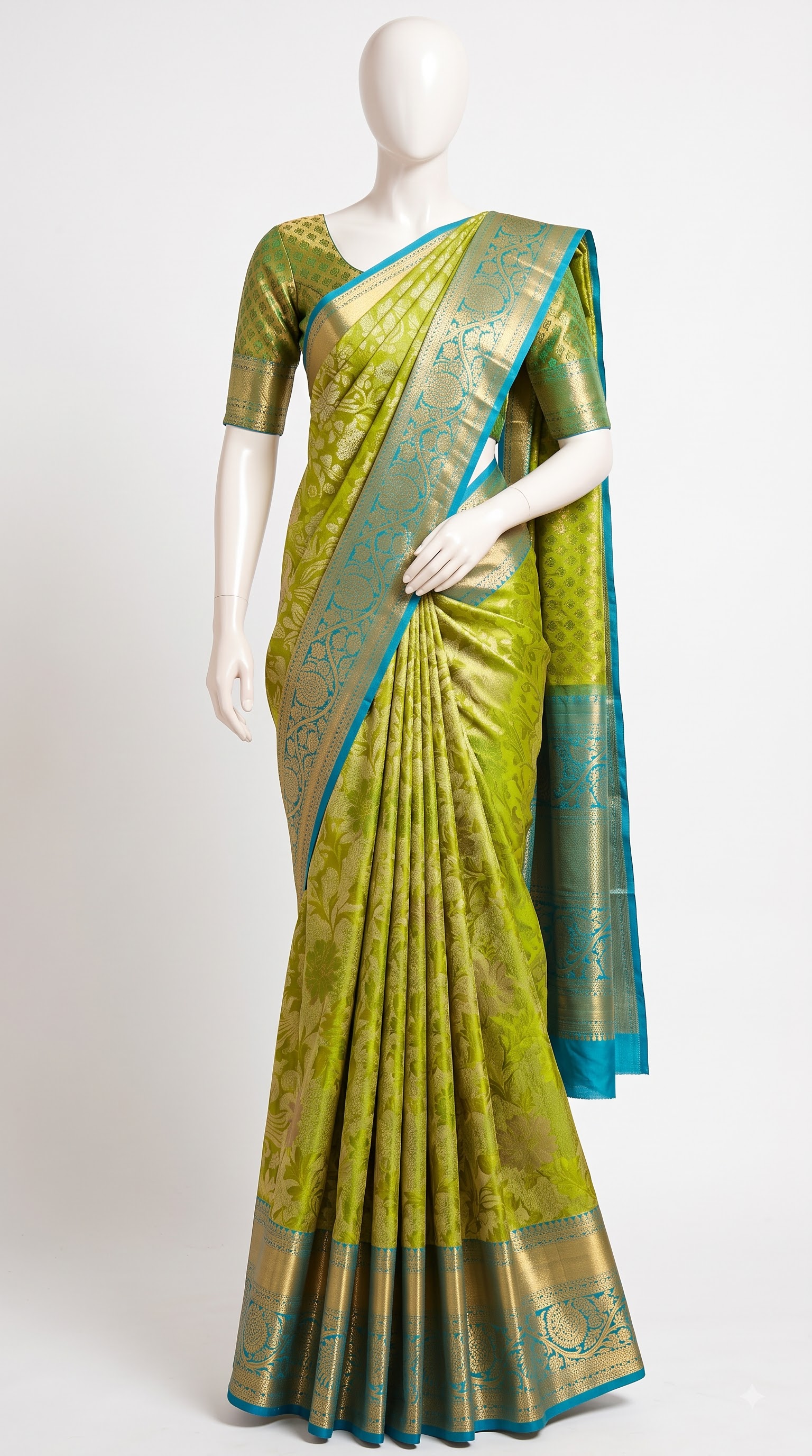 Pure Kanjivaram Silk Saree – Olive Green Teal Gold