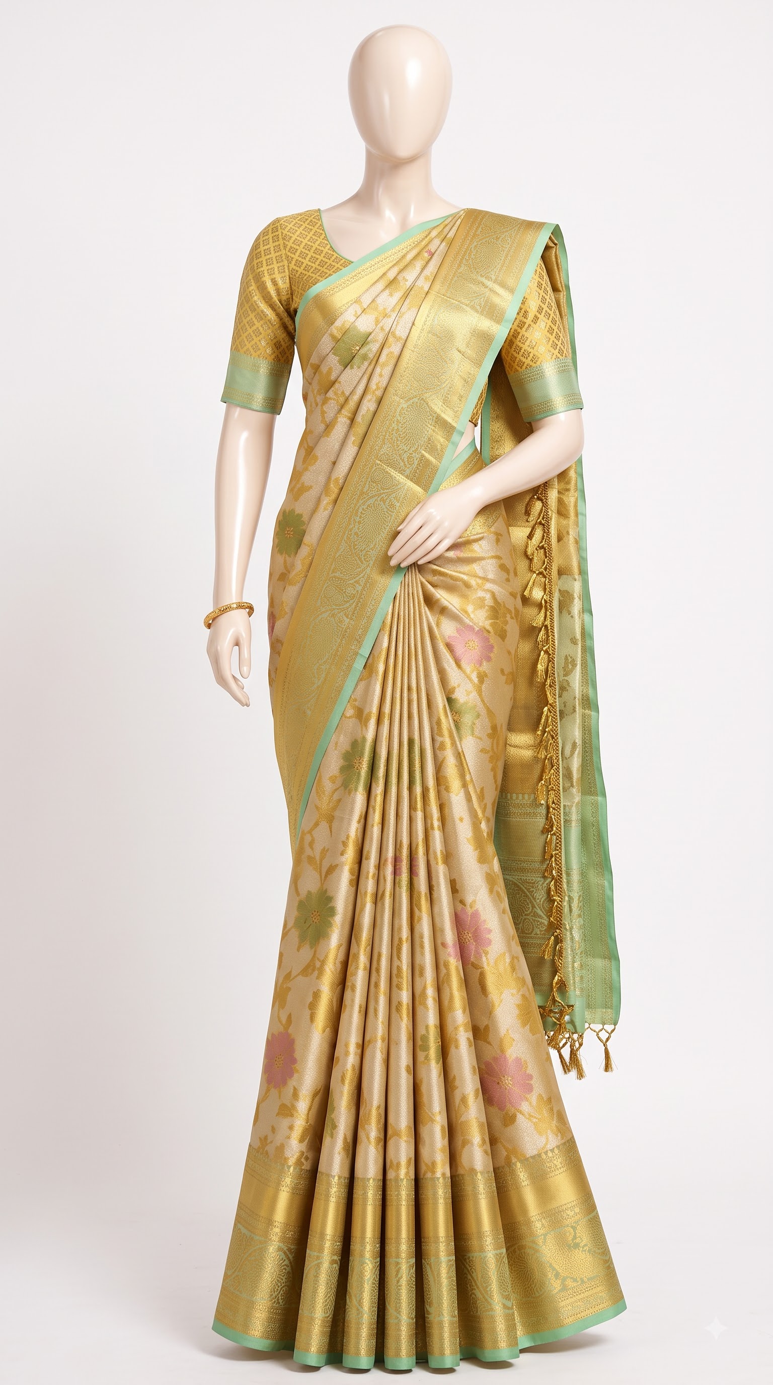 Kanjivaram Silk Saree - Pista Green with Antique Gold