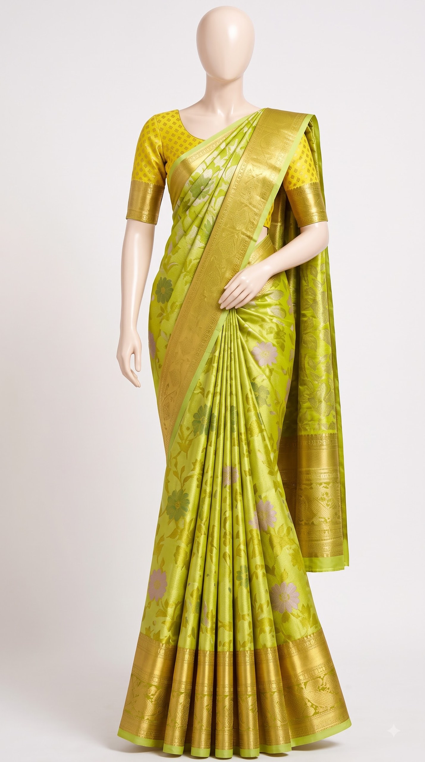Pure Kanjivaram Silk Saree – Olive Green Antique Gold Floral