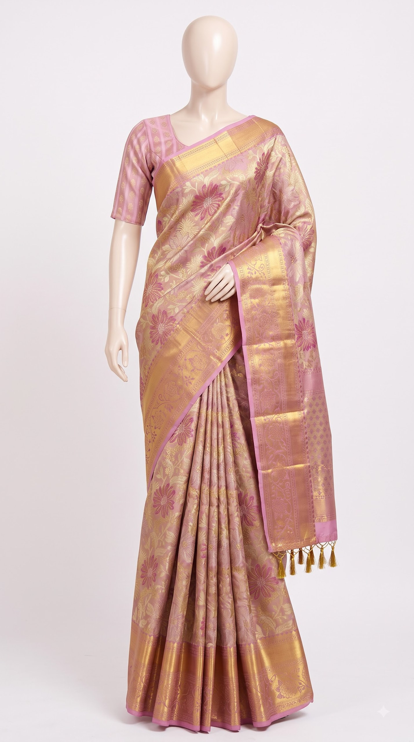 Pure Kanjivaram Silk Saree – Mauve Gold Purple Floral