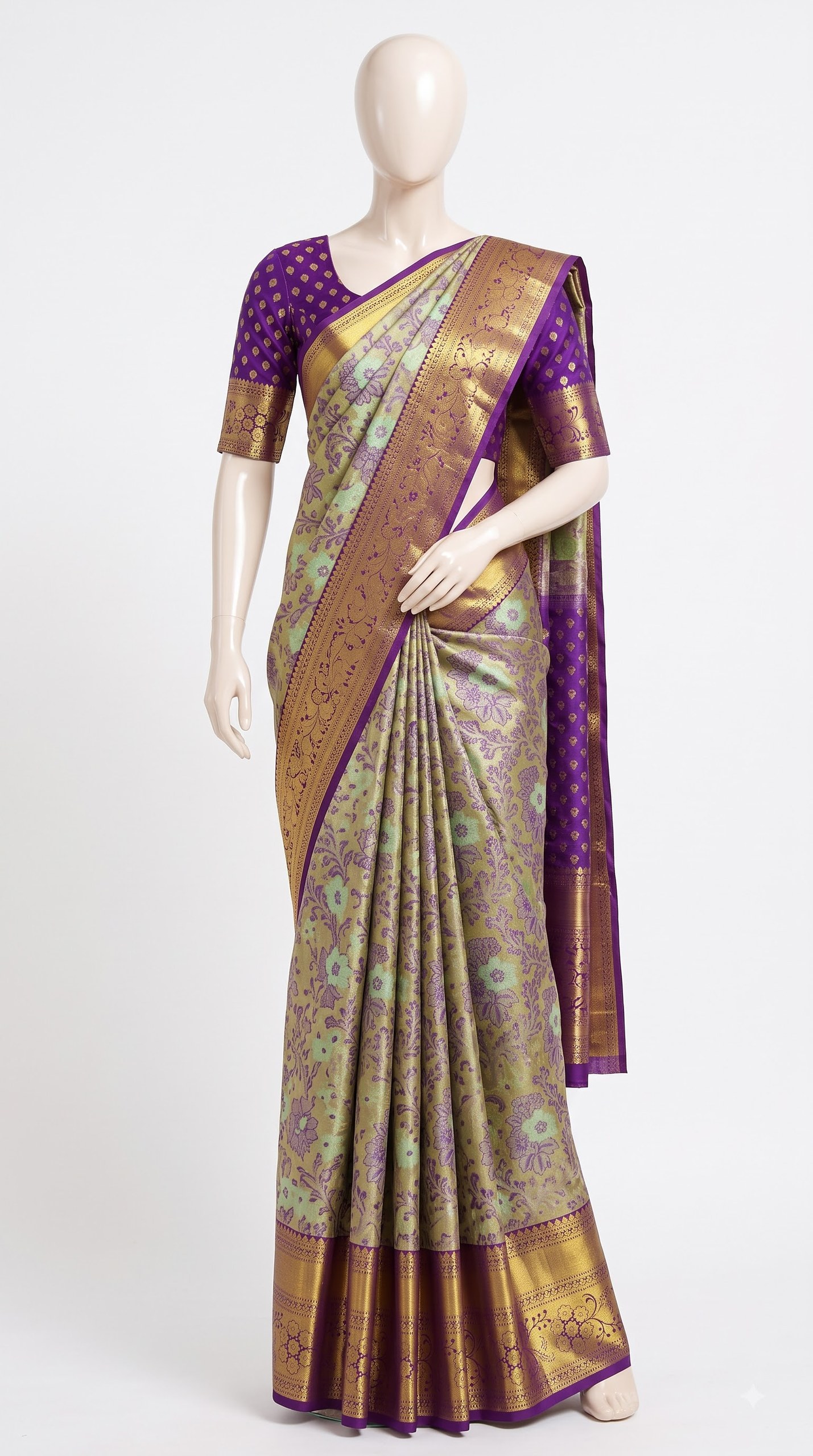 Pure Kanjivaram Silk Saree – Antique Gold Purple Floral