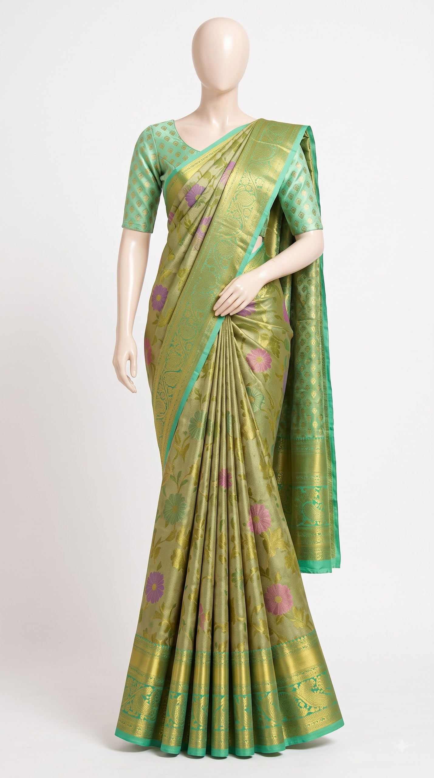 Pure Kanjivaram Silk Saree – Olive Green Teal Floral