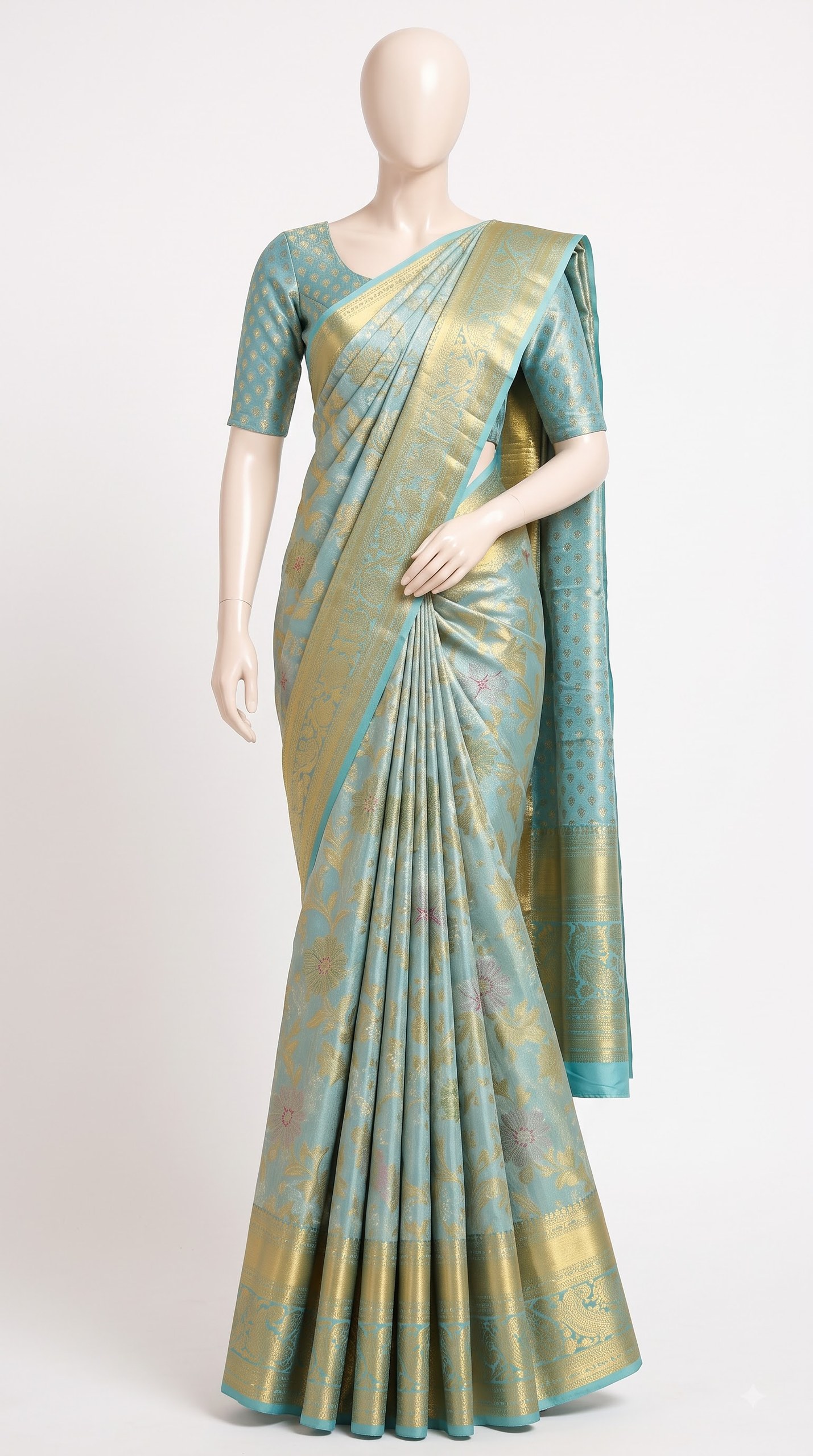 Pure Kanjivaram Silk Saree – Sea Green Blue Floral