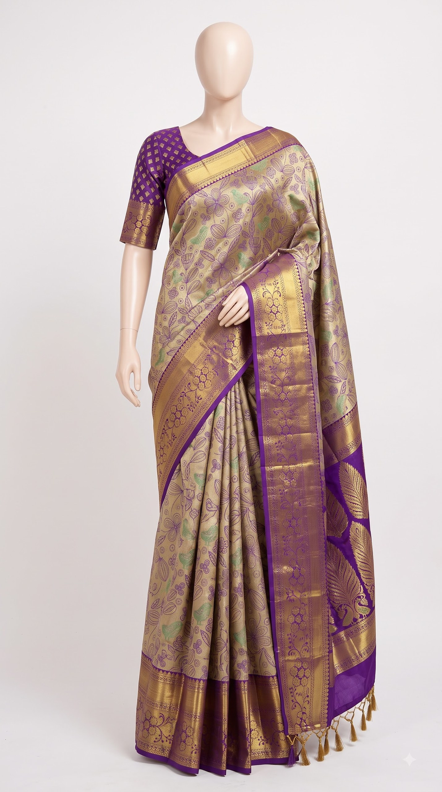 Kanjivaram Silk Saree – Antiquee Gold Purple Floral