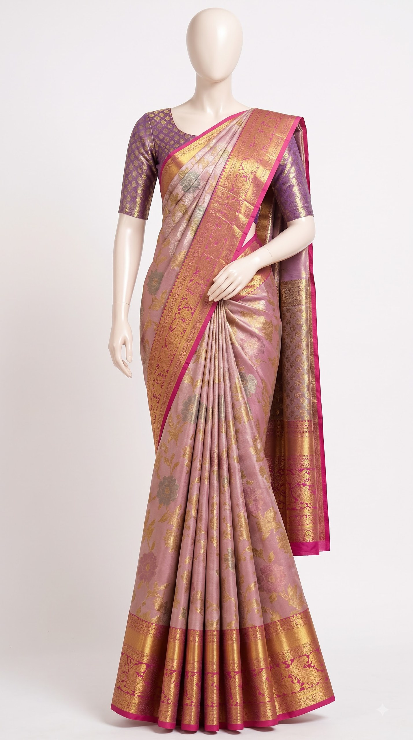Pure Kanjivaram Silk Saree – Mauve Gold Sage Floral