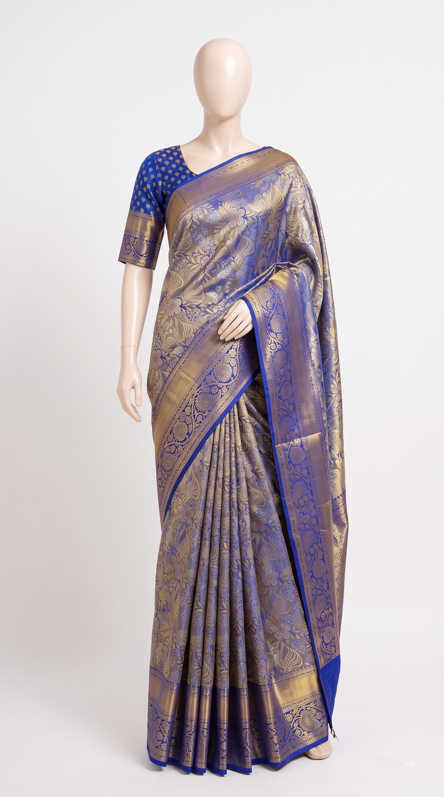 Pure Kanjivaram Silk Saree – Taupe Blue Gold Floral