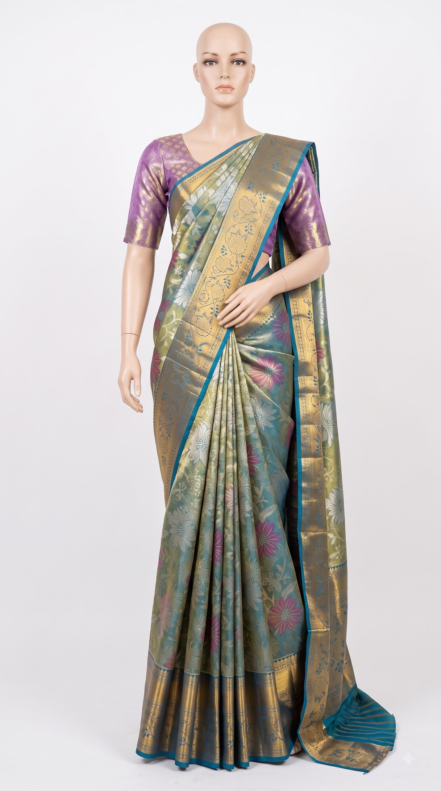 Pure Kanjivaram Silk Saree – Teal Green Blue Floral