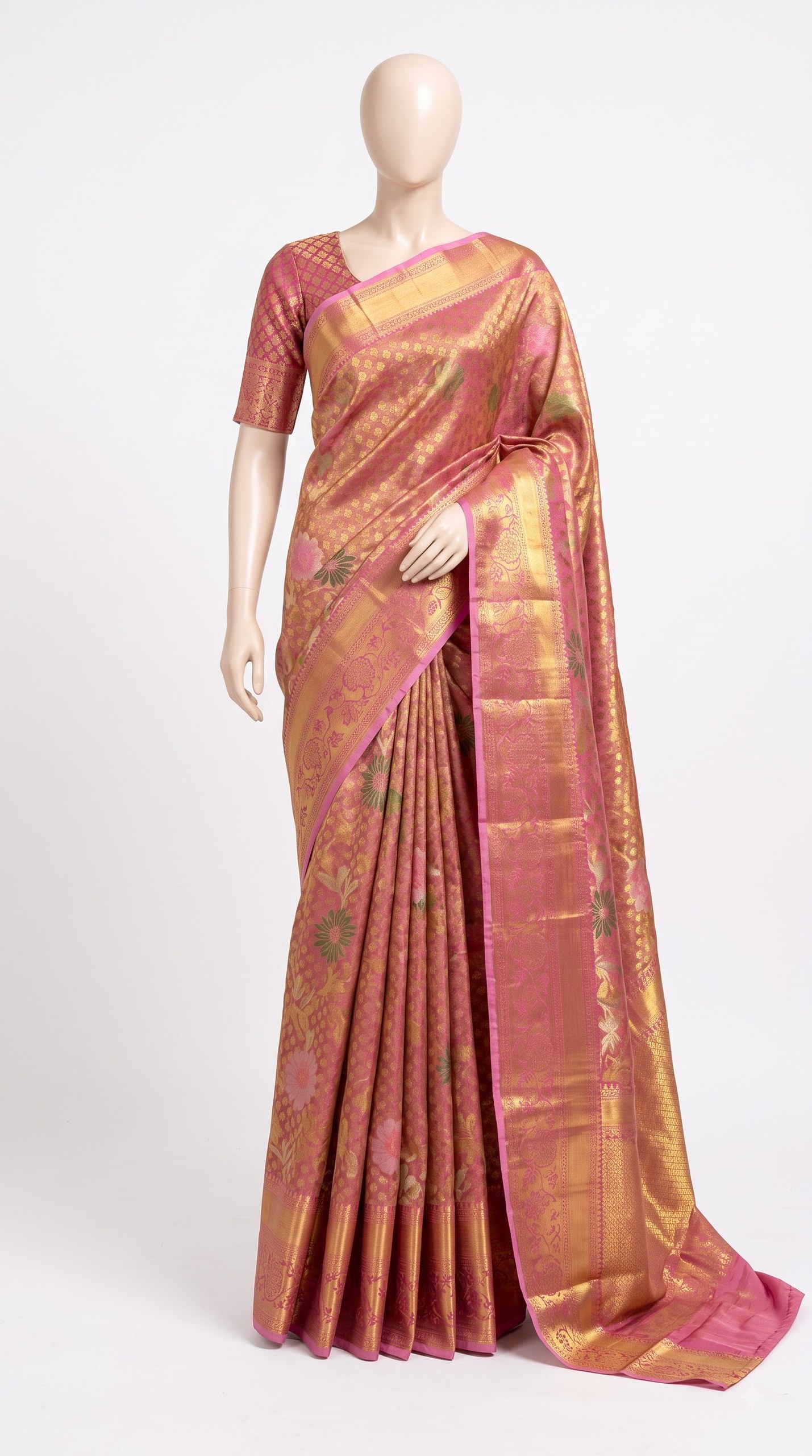 Pure Kanjivaram Silk Saree – Rose Pink Gold Floral