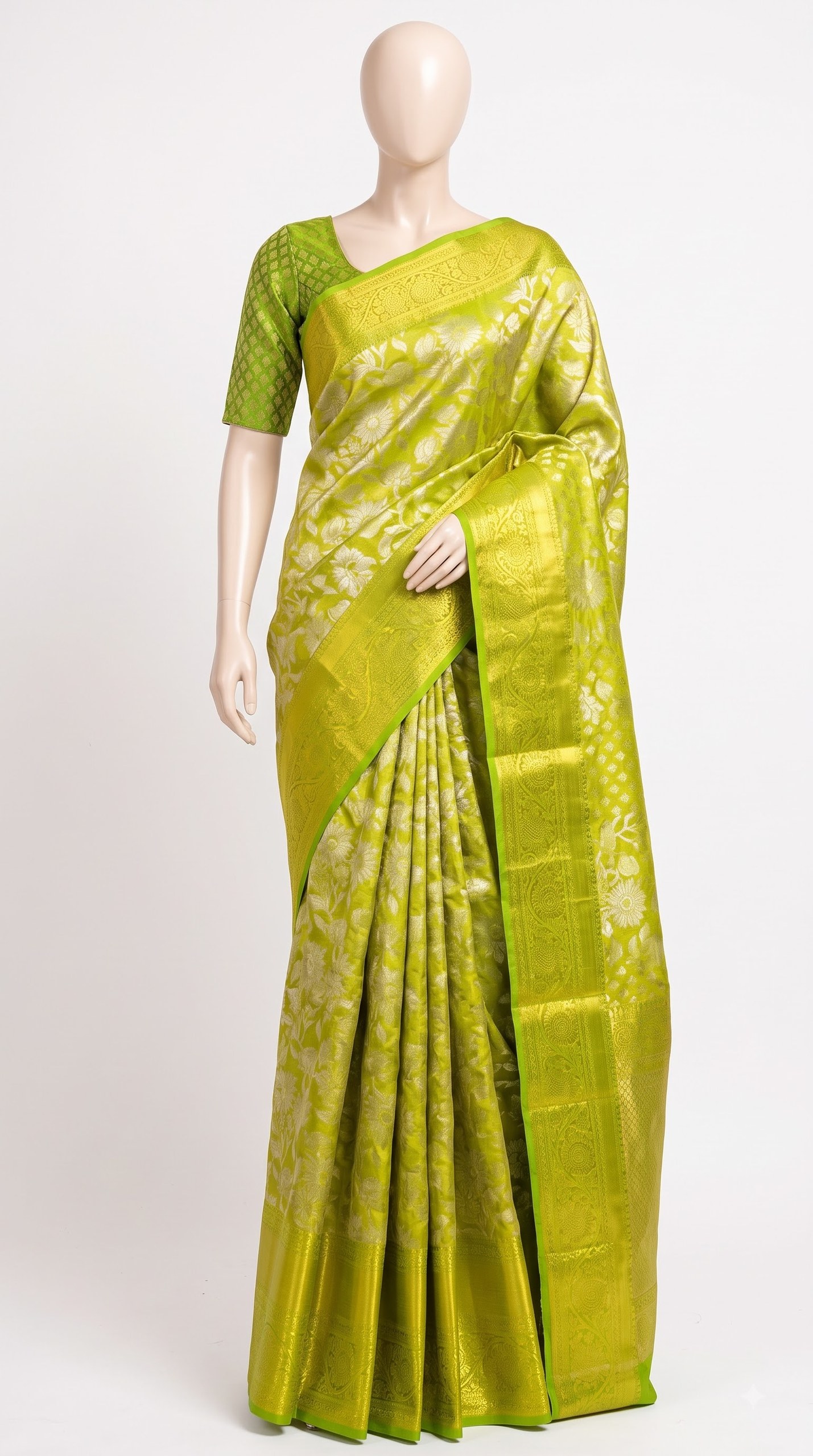 Pure Kanjivaram Silk Saree – Lime Green Gold Floral
