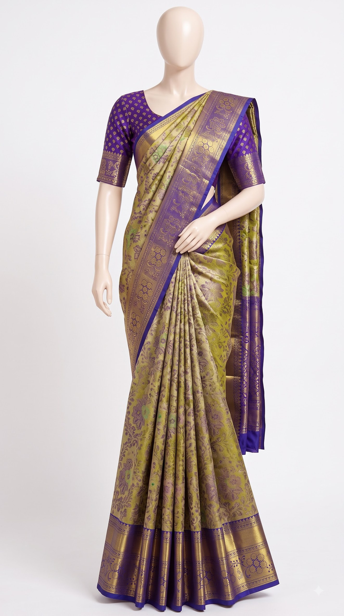 Pure Kanjivaram Silk Saree – Olive Green Purple Floral