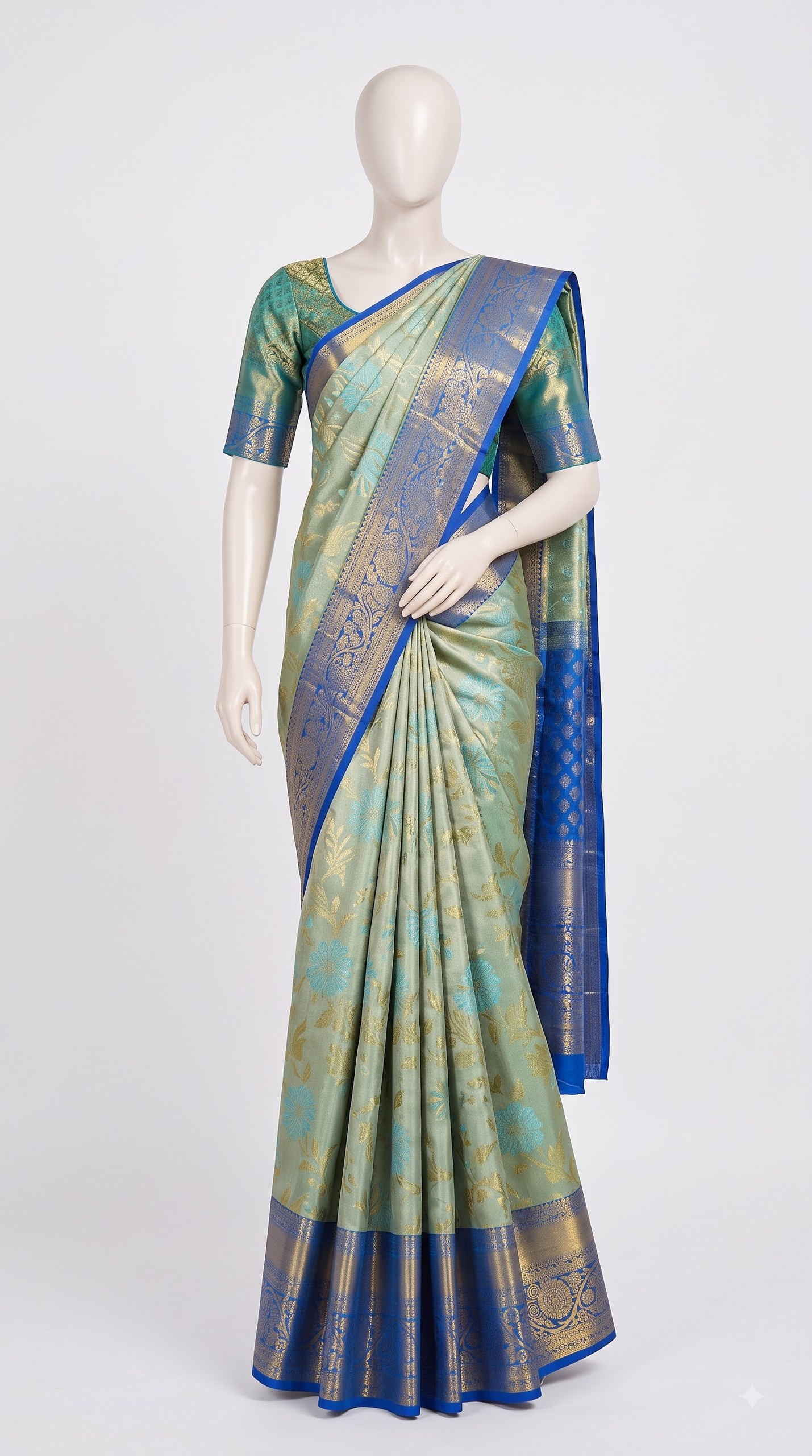 Pure Kanjivaram Silk Saree – Sea Green Royal Blue Floral