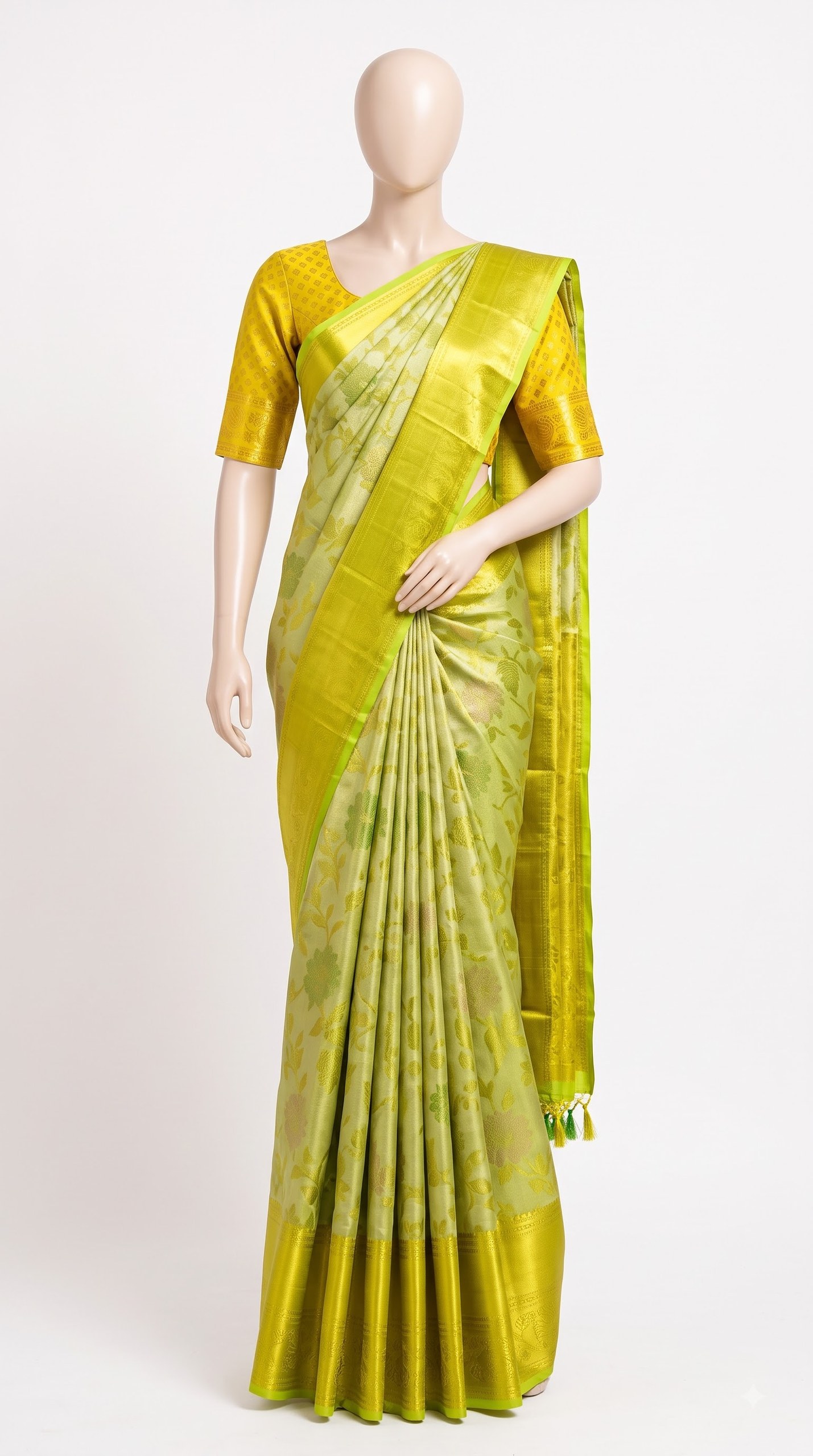 Pure Kanjivaram Silk Saree – Olive Green Lime Floral