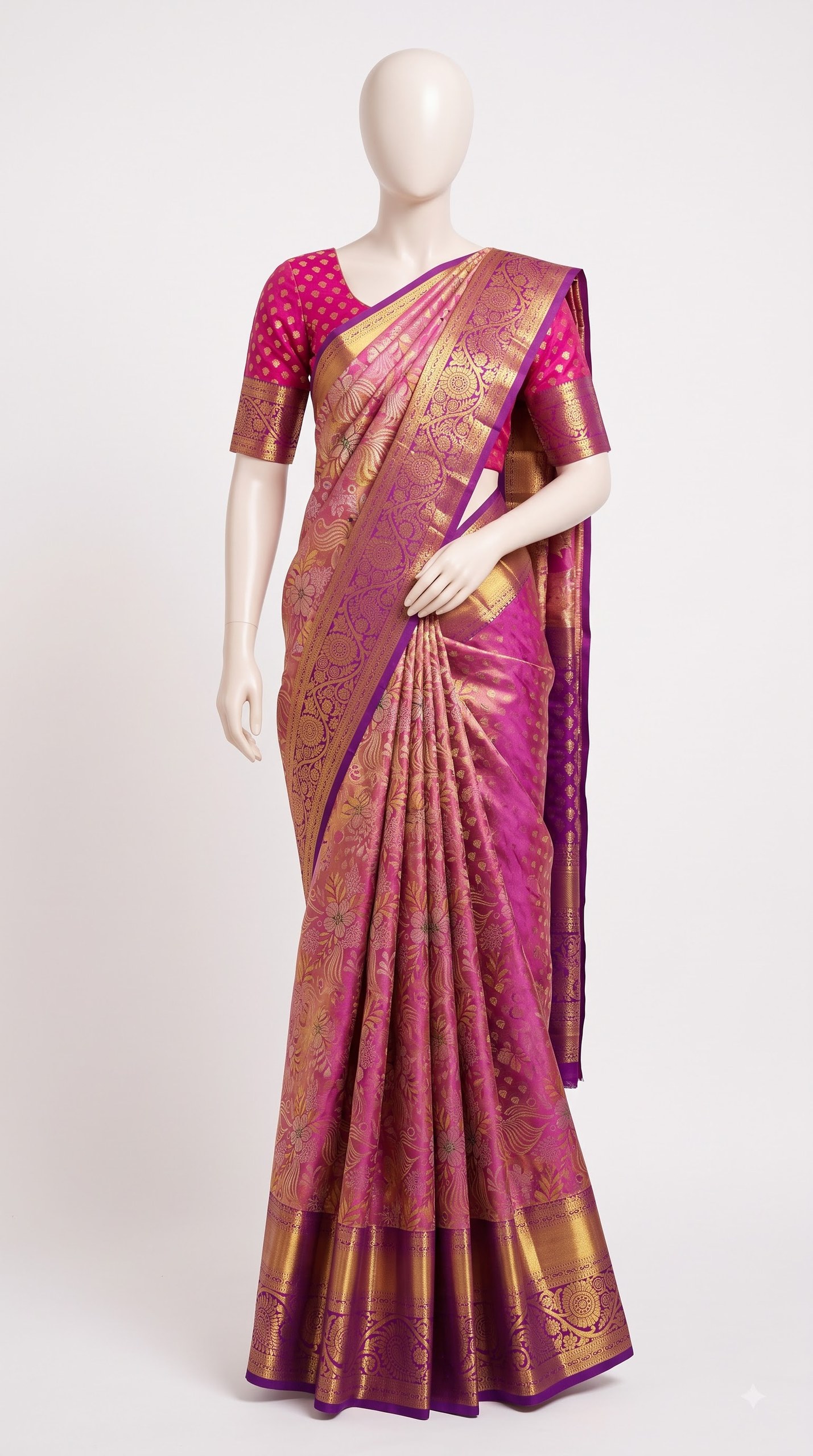 Pure Kanjivaram Silk Saree – Peach Wine Purple Floral