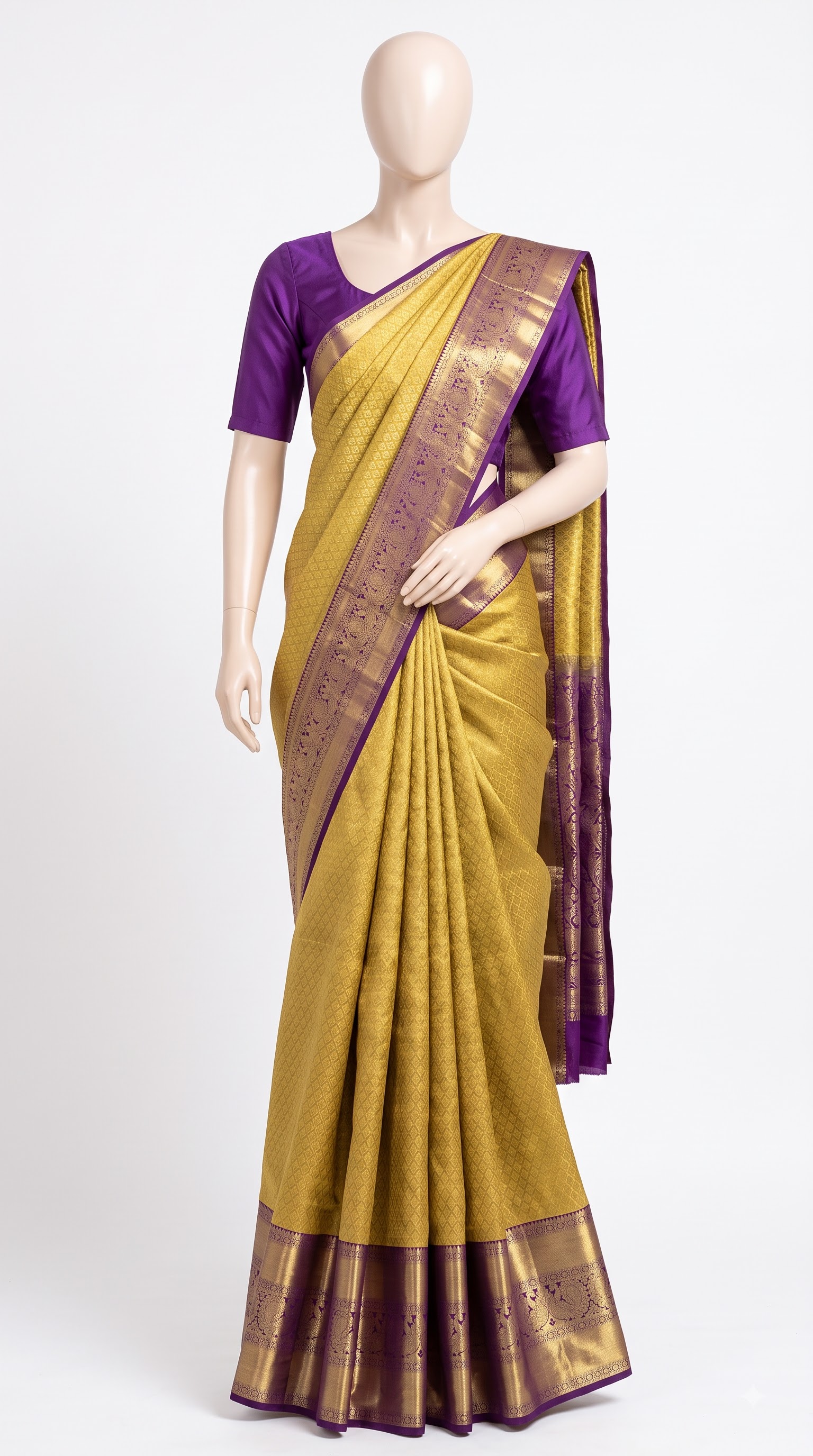 Pure Kanjivaram Silk Saree – Golden Yellow Purple