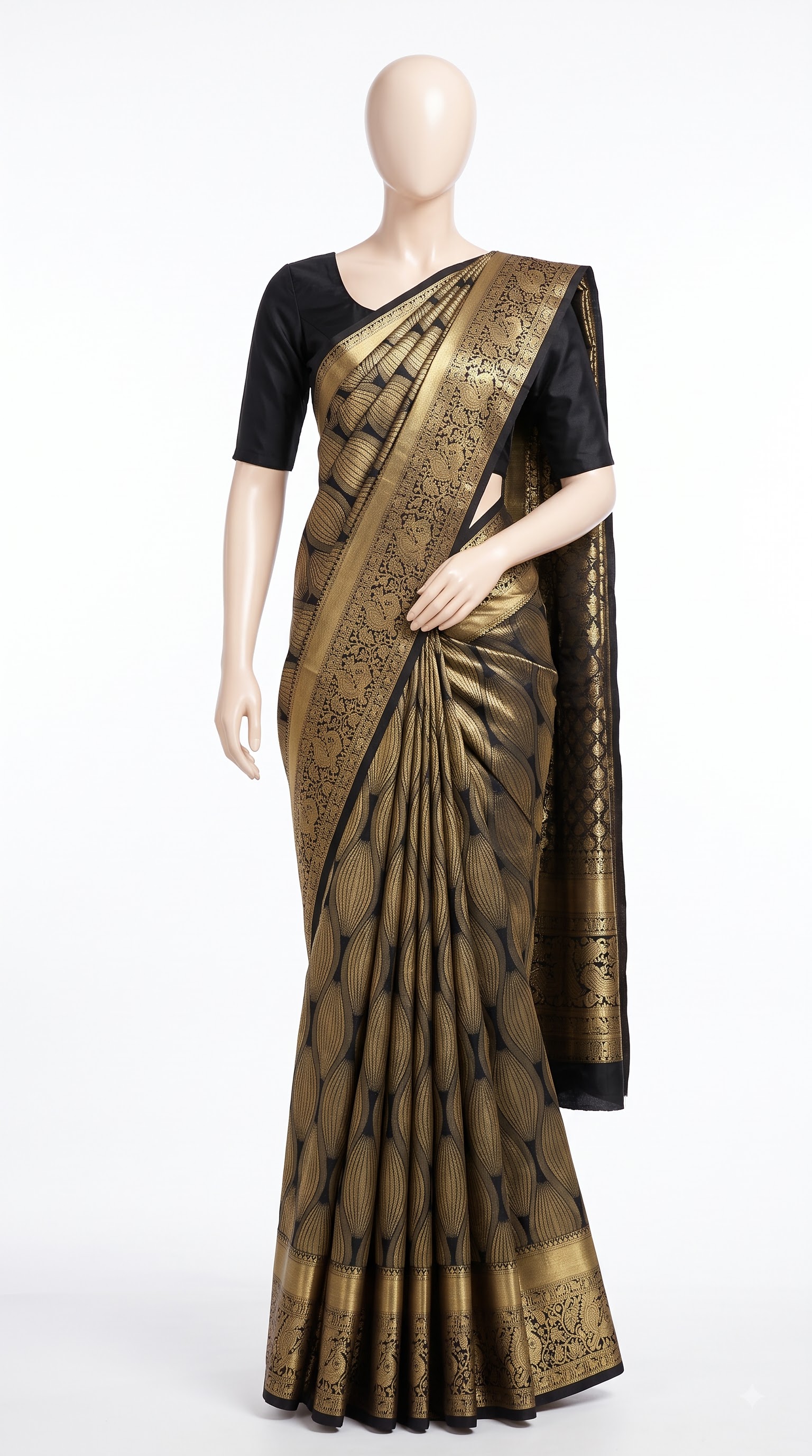 Pure Kanjivaram Silk Saree – Black Antique Gold