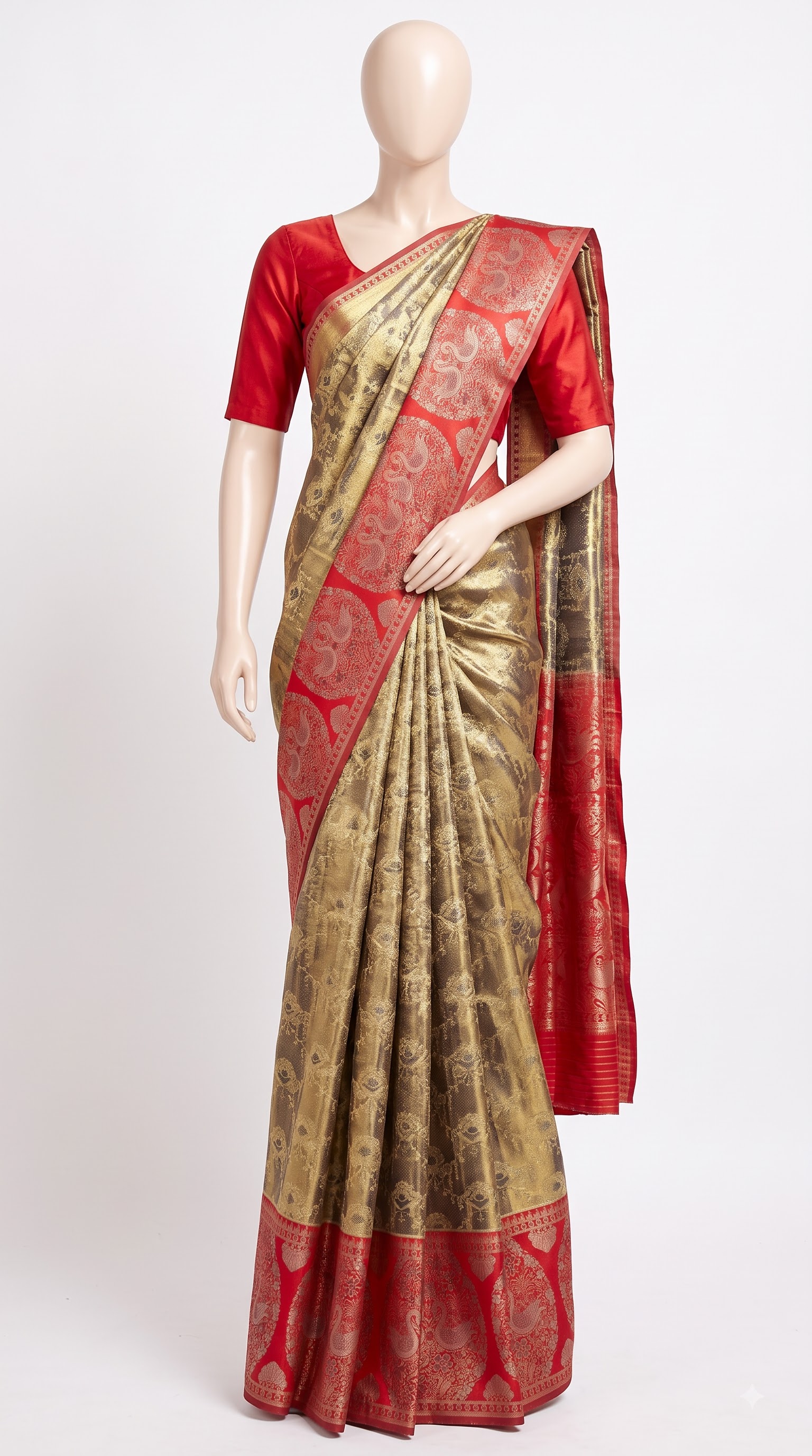 Pure Kanjivaram Silk Saree – Golden Beige Red Peacock