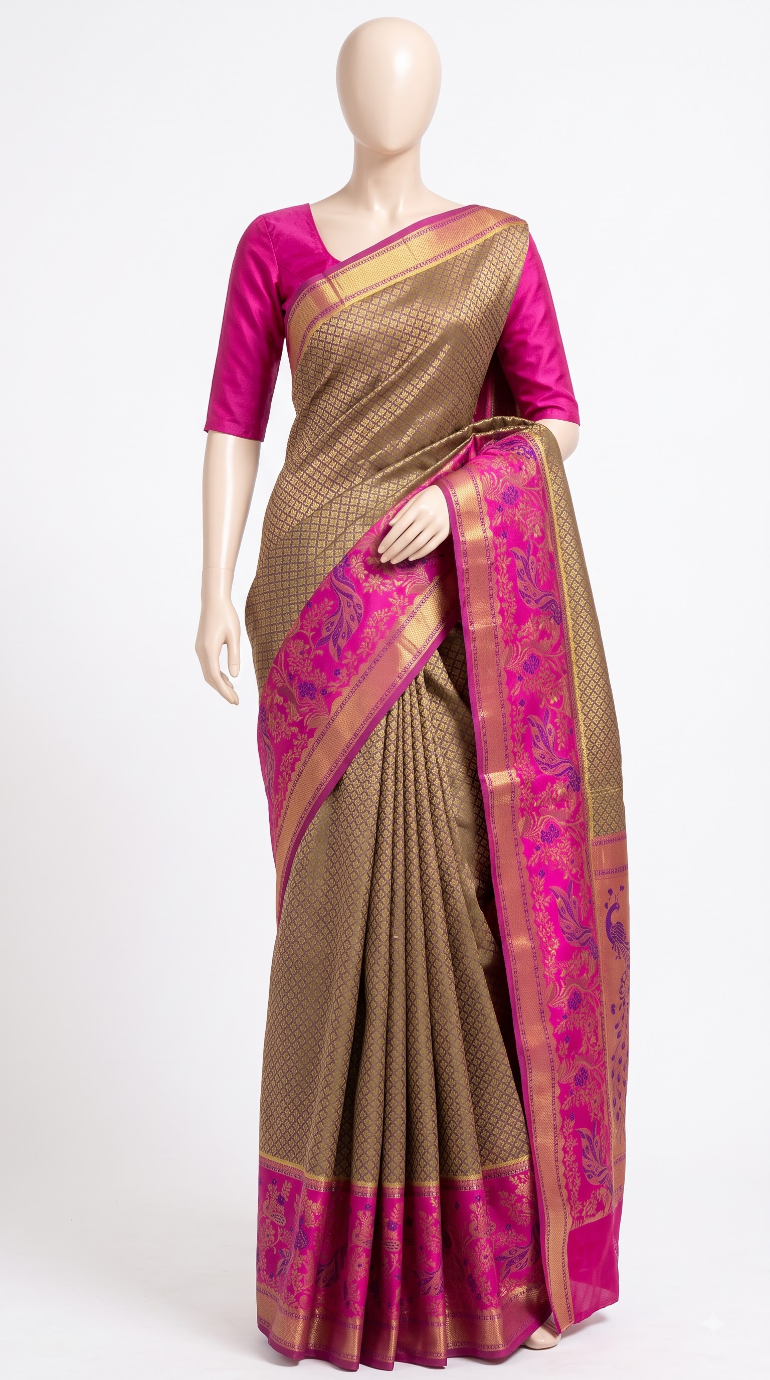 Pure Kanjivaram Silk Saree – Gold Magenta Peacock