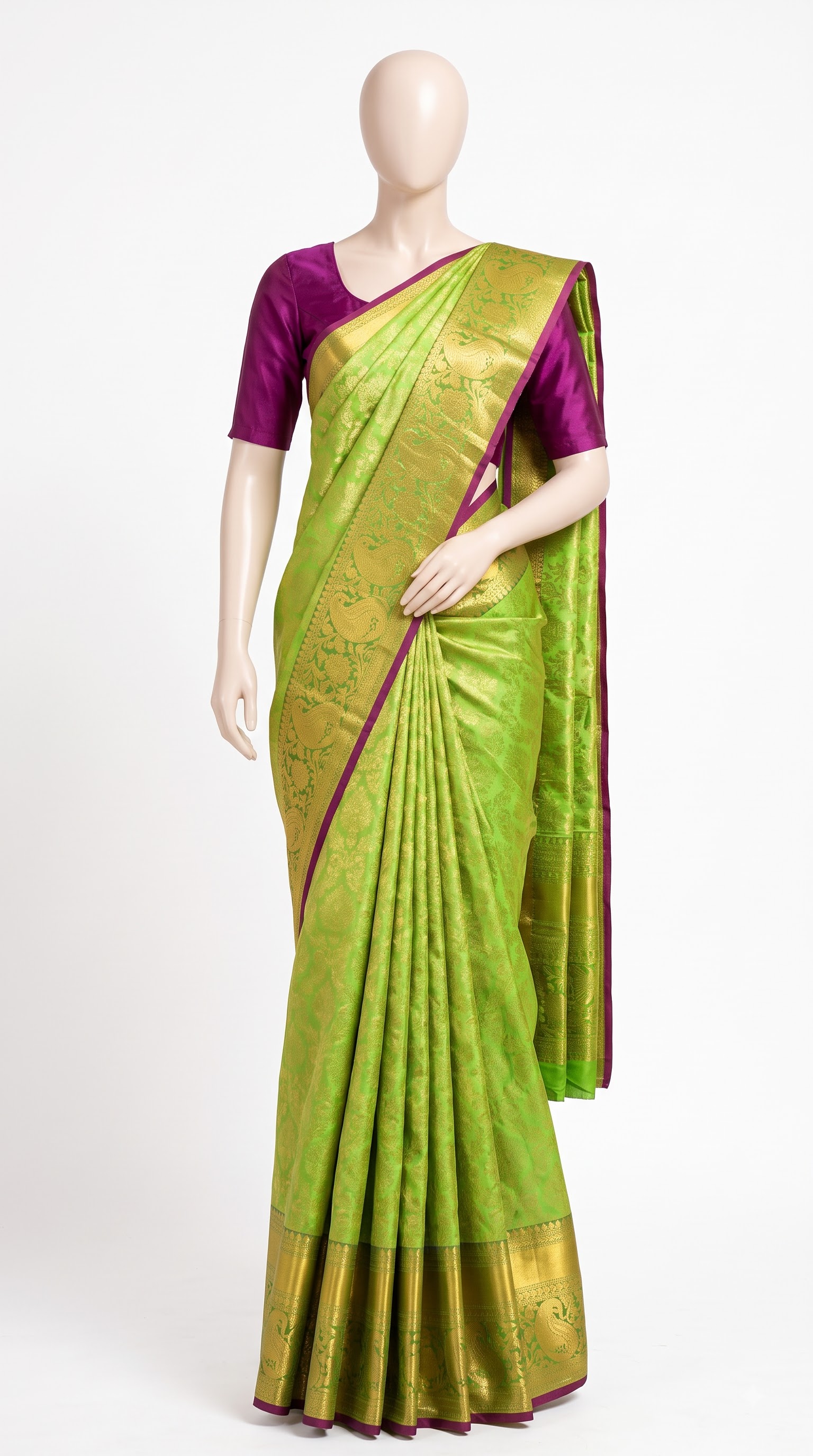 Pure Kanjivaram Silk Saree – Mint Green Magenta Peacock