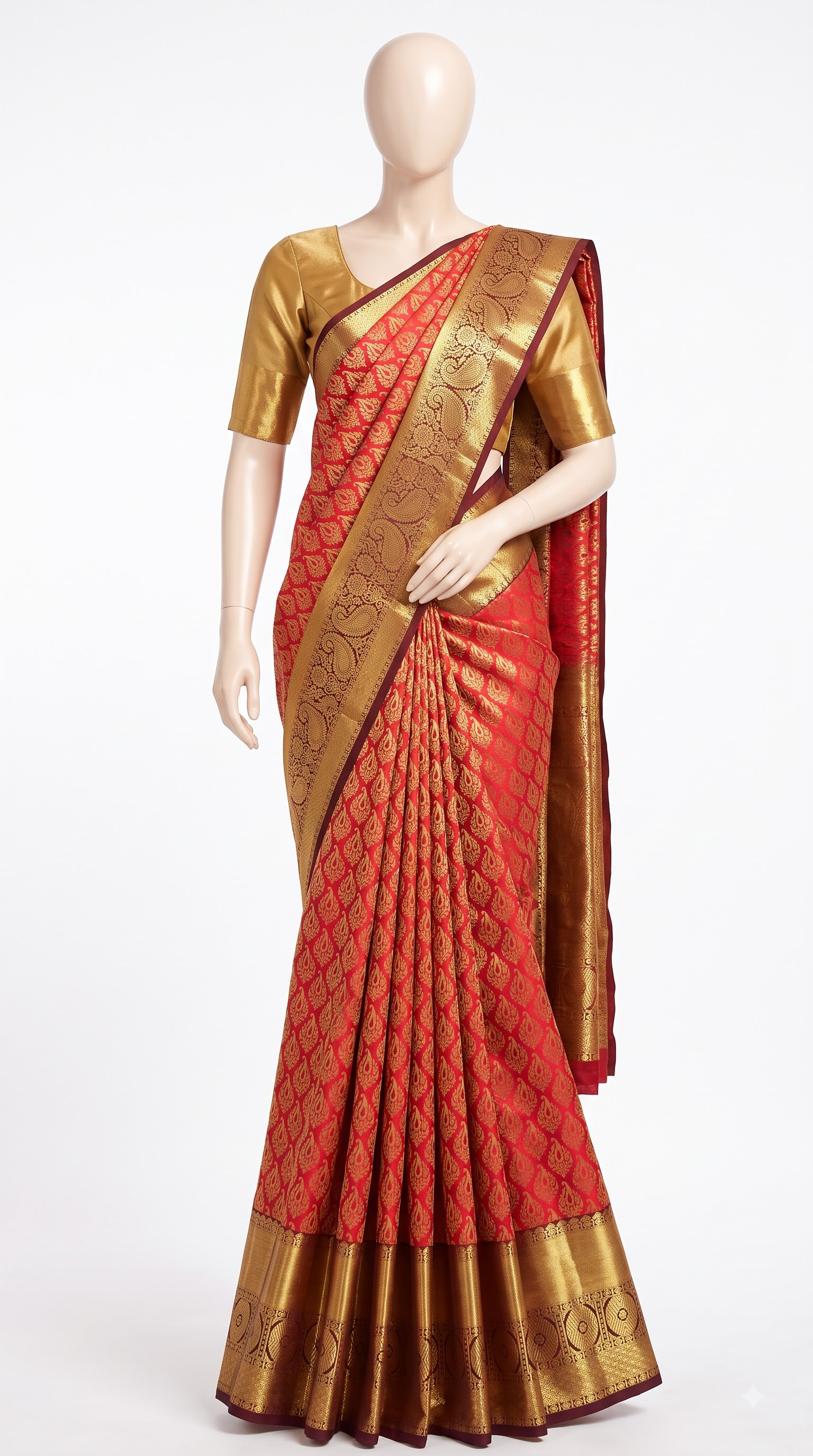 Pure Kanjivaram Silk Saree – Coral Red Antique Gold Peacock