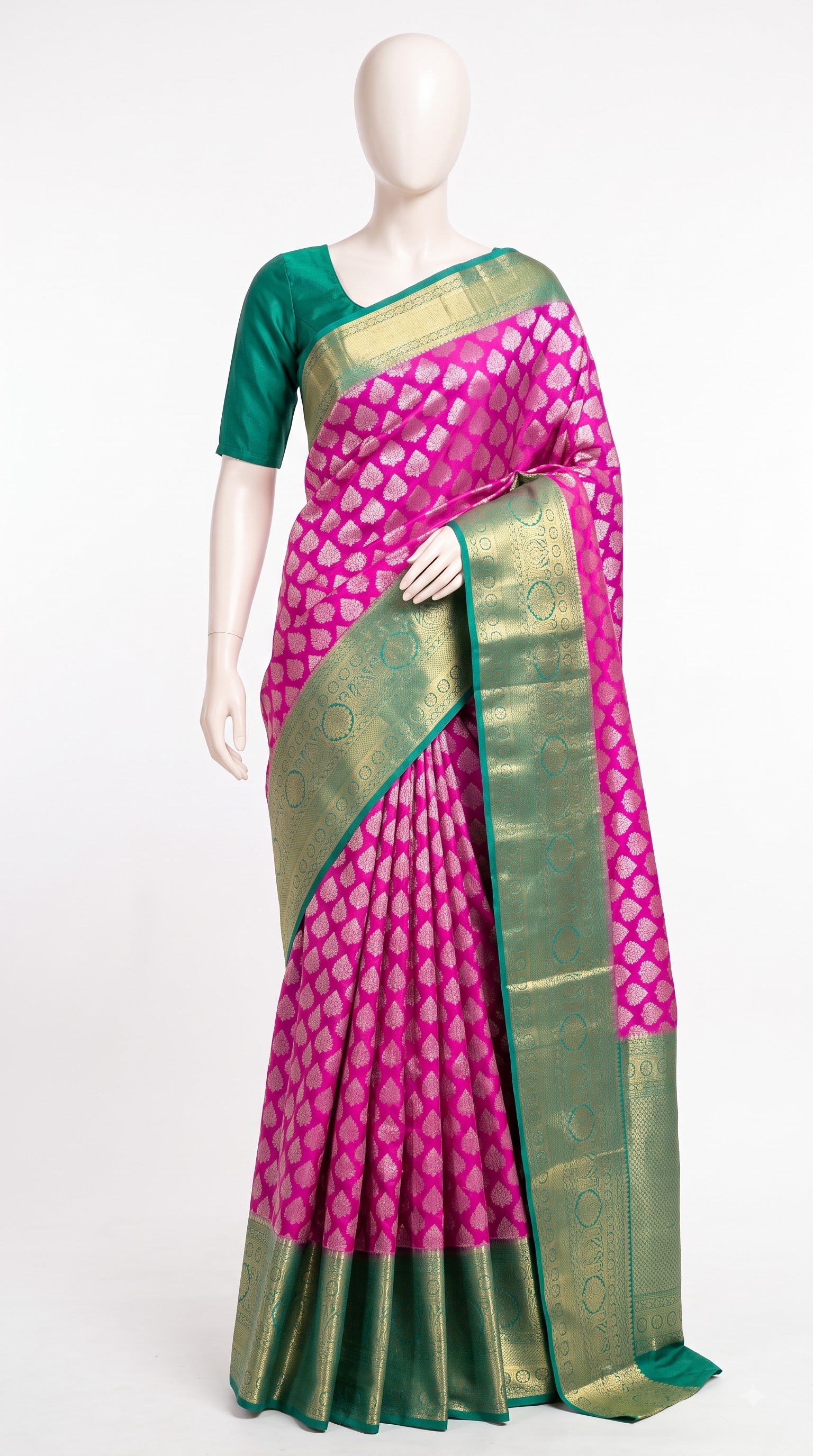 Pure Kanjivaram Silk Saree – Magenta Teal Green Floral